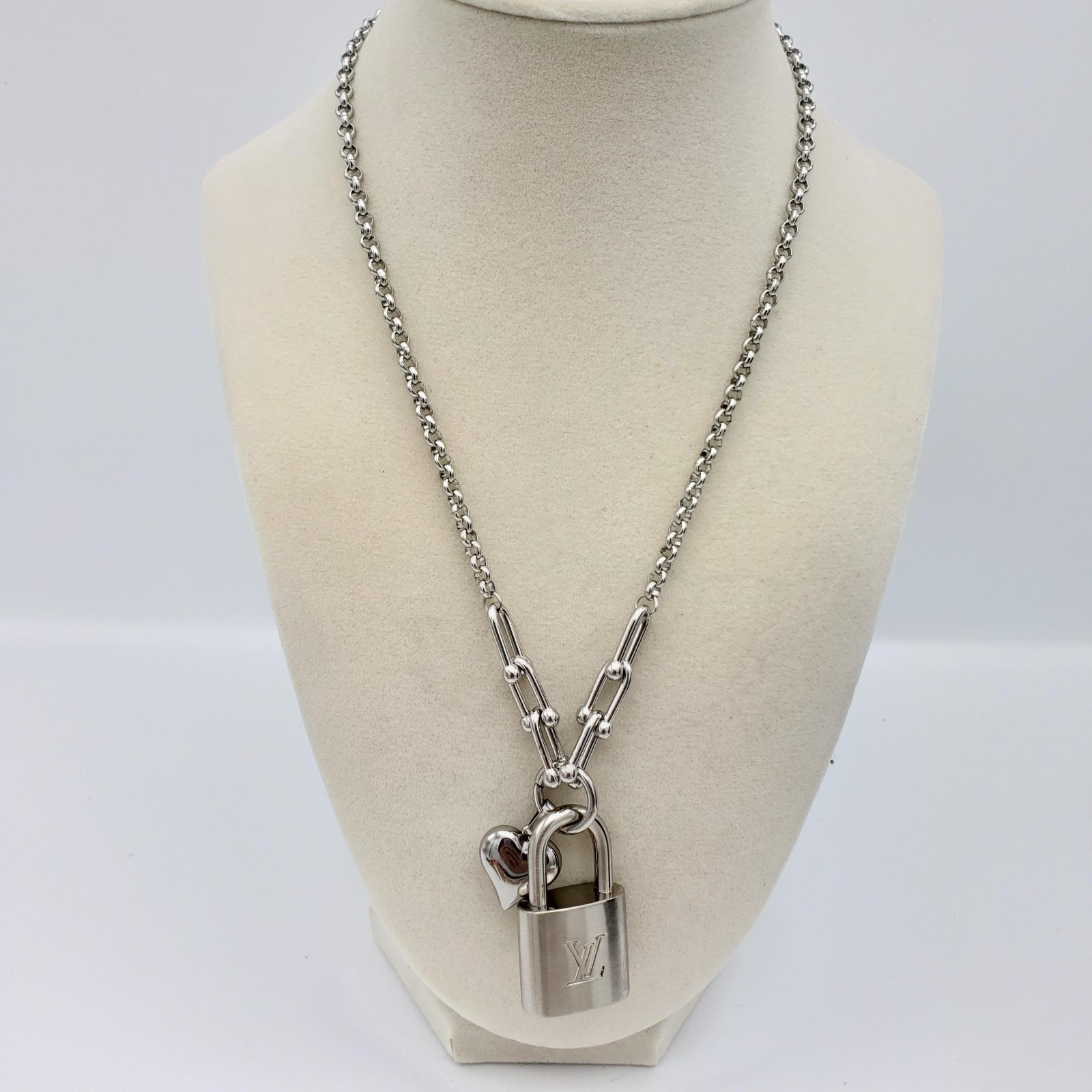 Authentic Louis Vuitton Padlock w/Unbranded Stainless Steel Plated Silver Chain