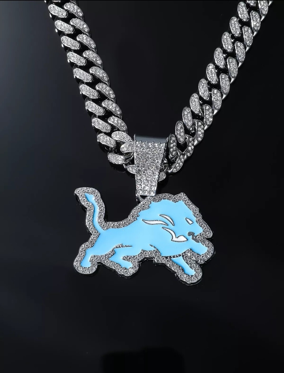 DETROIT LIONS GEM NECKLACE Silver Bling Football Pendant /w 24″ Cuban Chain