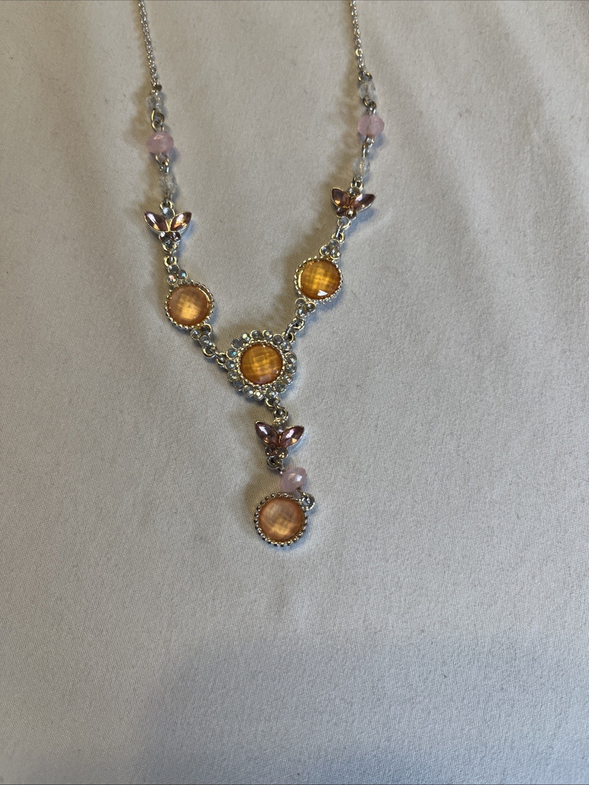Y Drop Rhinestone Necklace Amber Topez Silver Tone Color Y2K