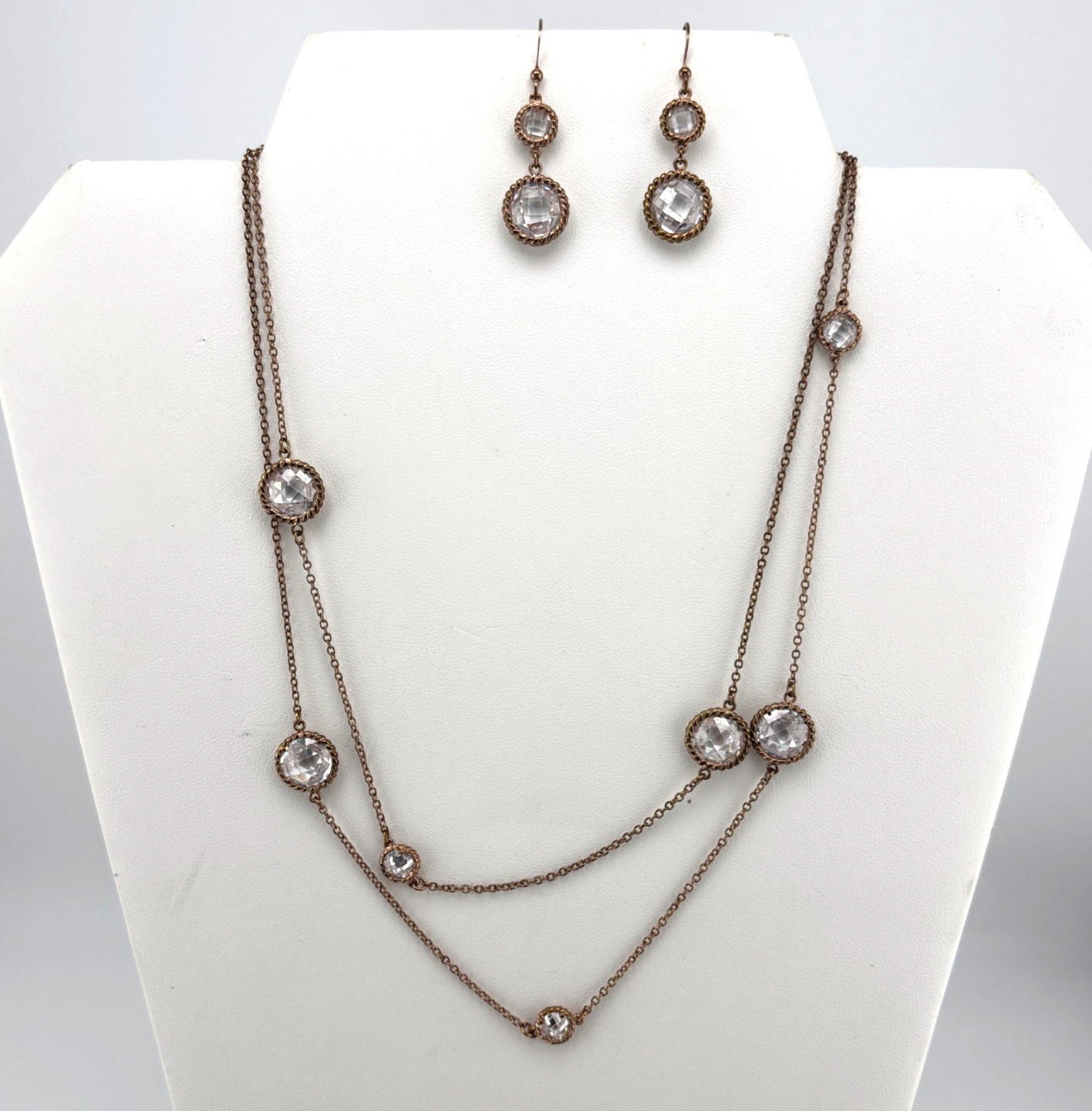 Rose Gold Tone Glass Faceted Clear Open Bezel Set Necklace Earrings Set 35″-37″