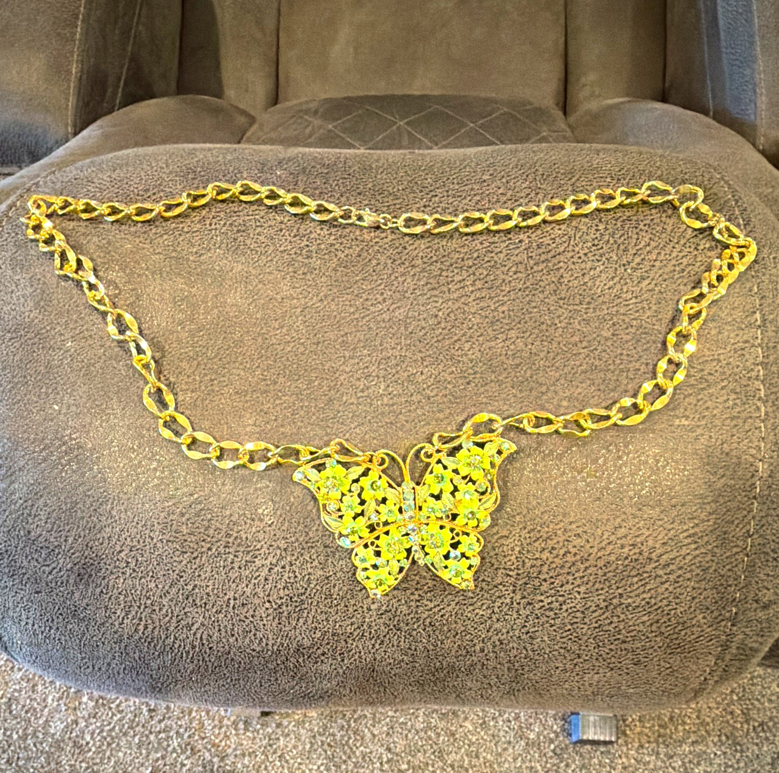 Gold Tone Figaro Chain Necklace w/ Large Butterfly Charm, Green Round Crystal