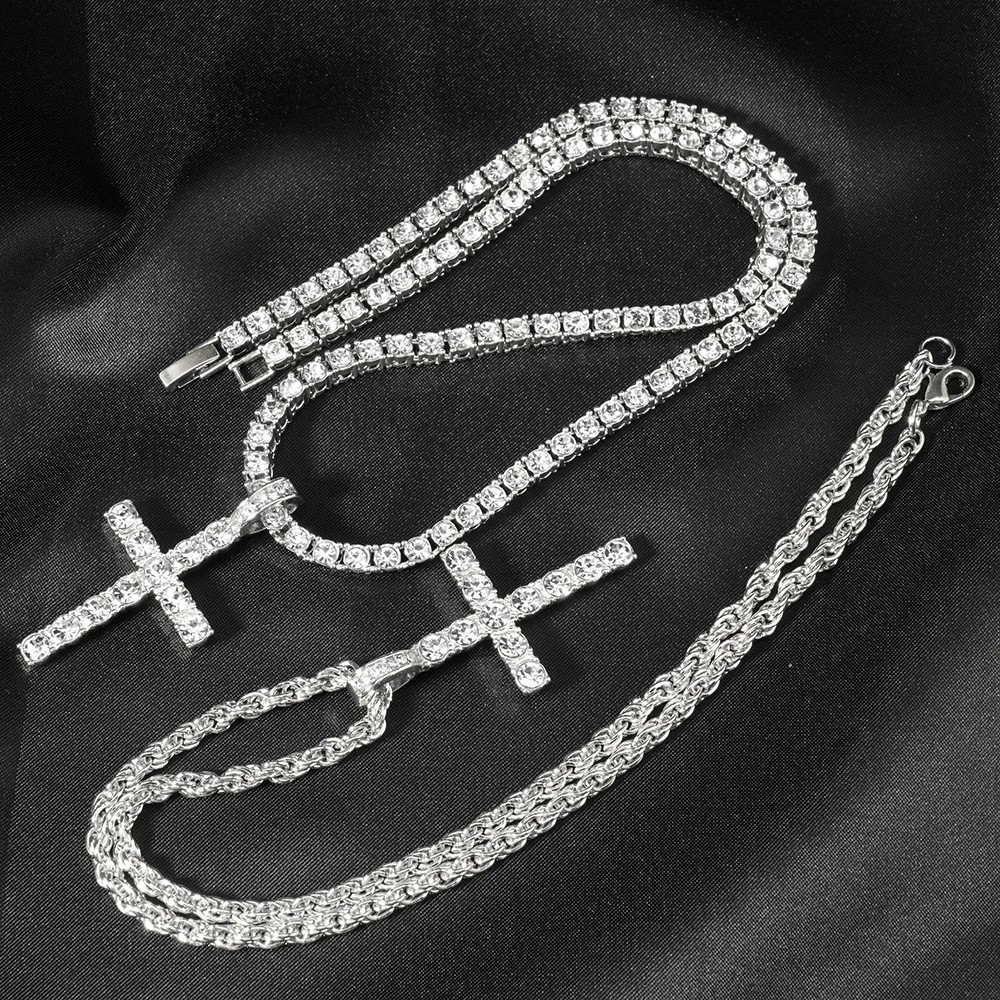 Iced Out Cross Pendant Tennis Chain Necklace Silver Gold CZ Hip Hop Men Women