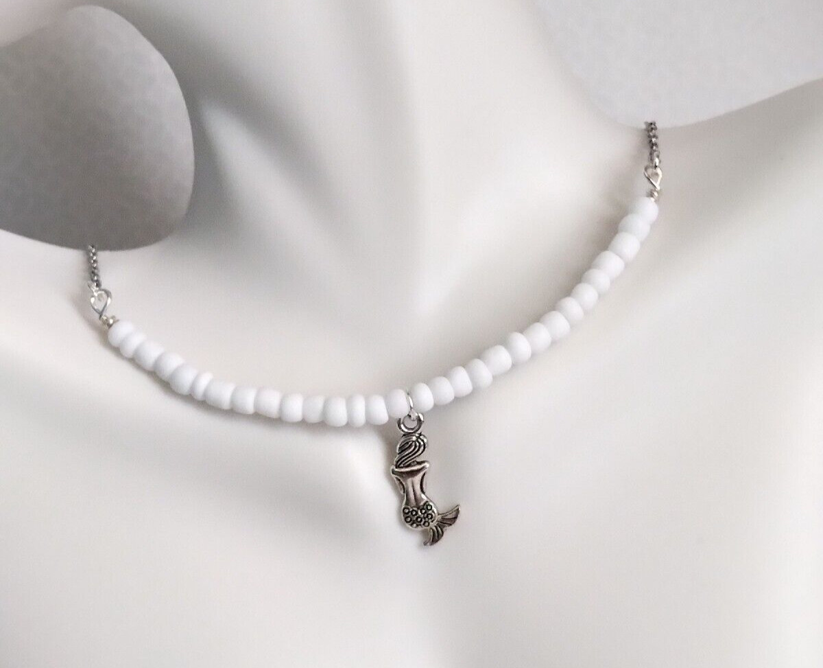 Silver Tone Mermaid Charm White Glass Bead Necklace Handmade Beach Boho Chic