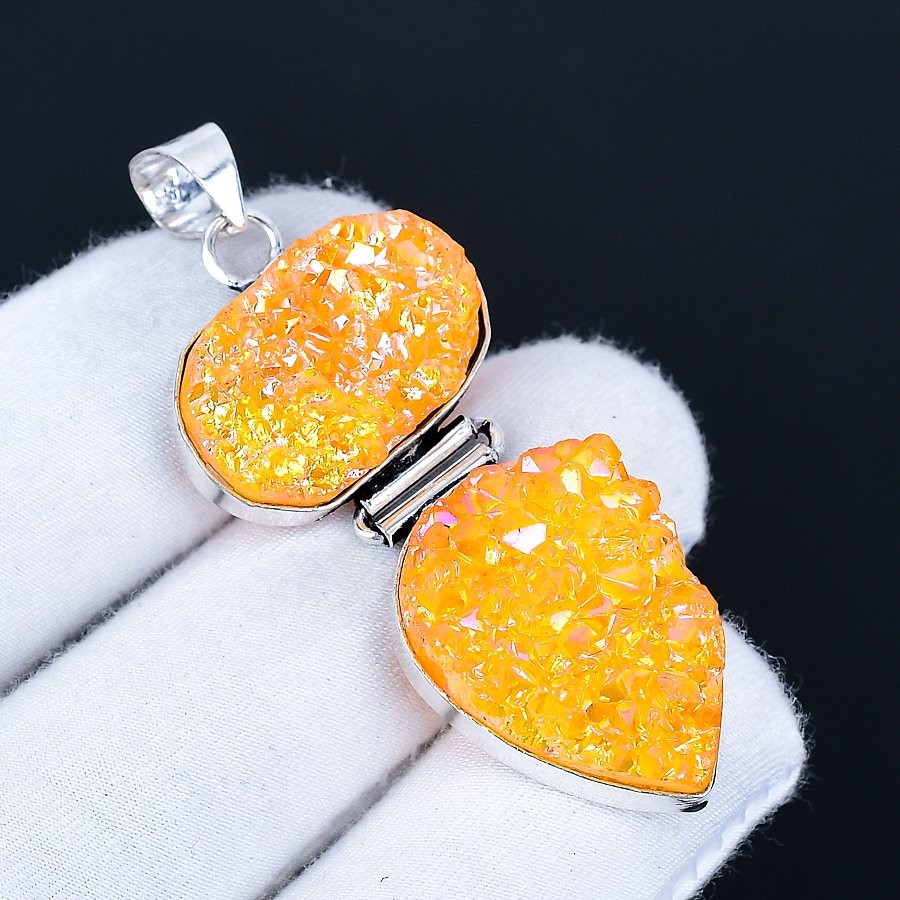 Orange Titanium Druzy 925 Silver Plated Handmade Pendant of 2.44″