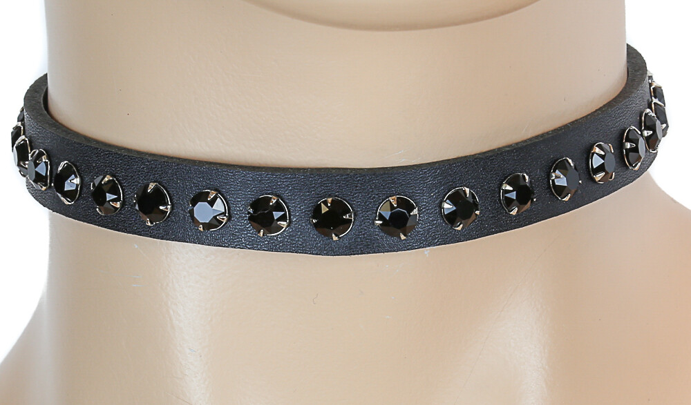 Jet Swarovski Rhinestone Genuine Leather Choker Punk Gothic Fetish