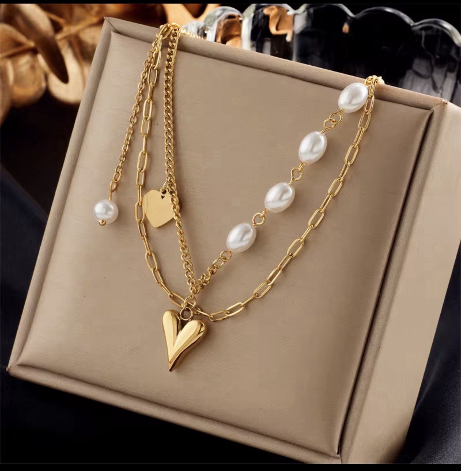 Gold Tone Layered Cable Chain Necklace White Pearl Stations Heart Charm Pendant