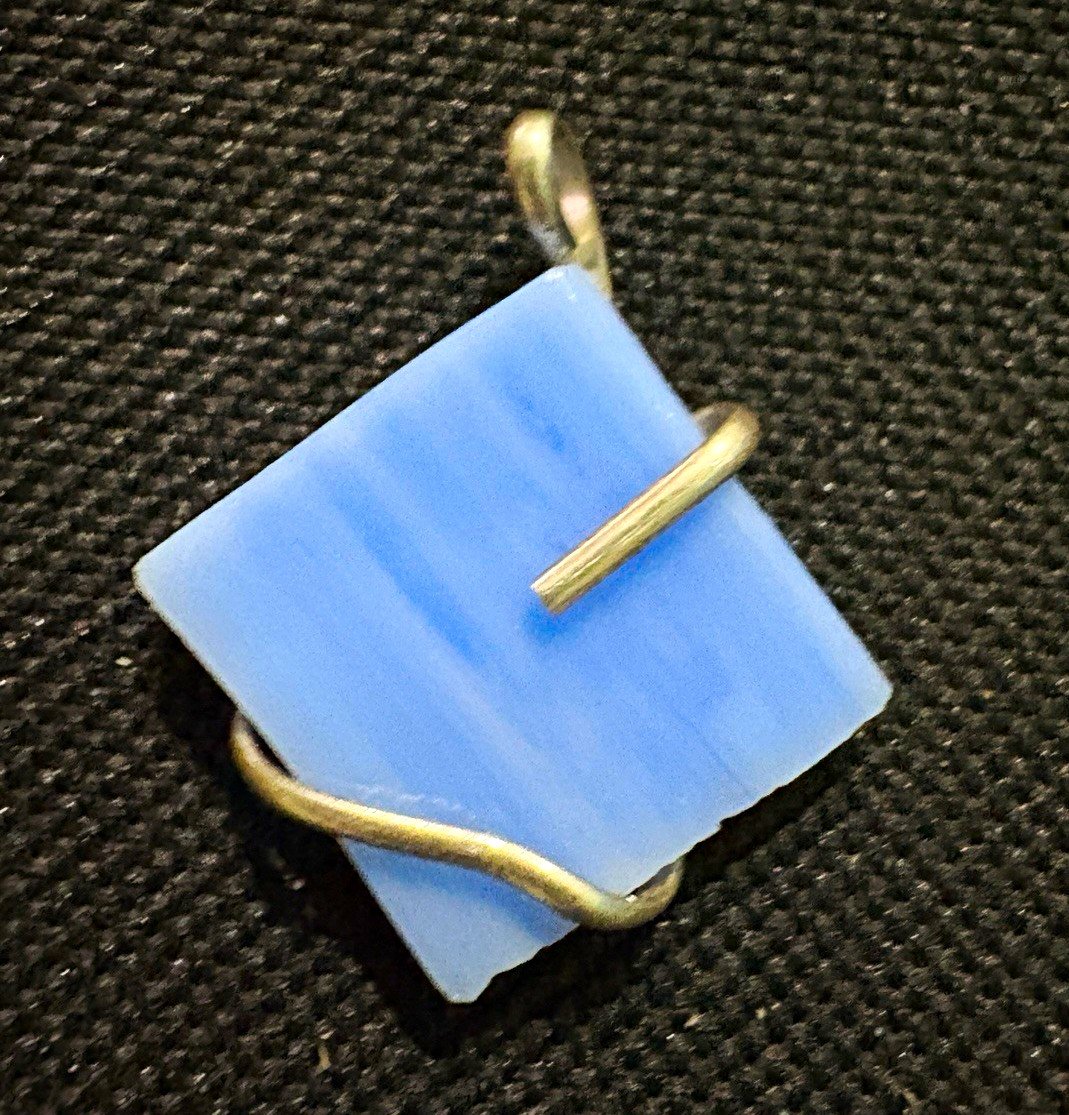 Handmade Blue Square Stone Wire Wrapped Charm Pendant, Silver Tone Metal