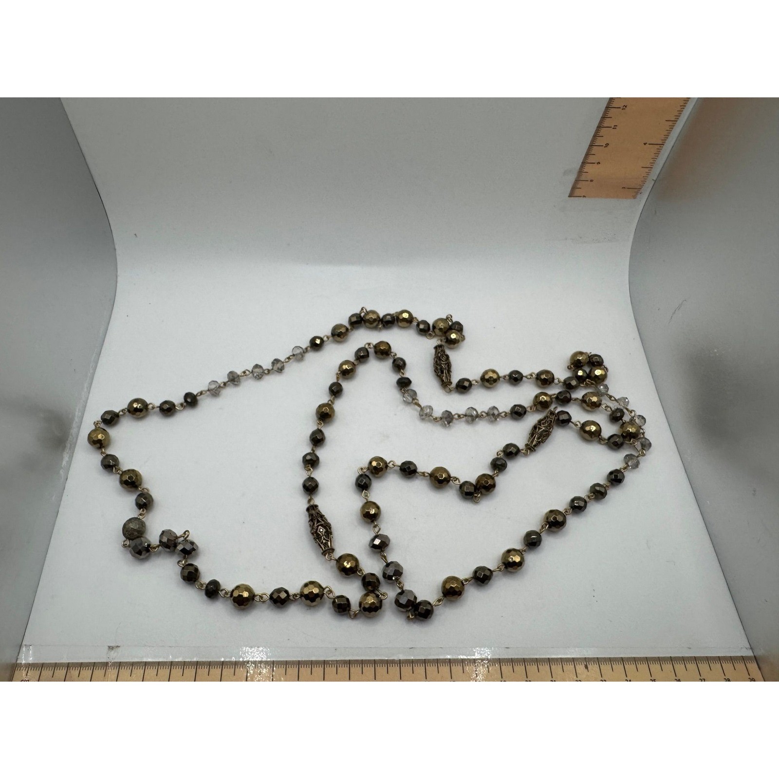 Long Faceted Bead Filigree Station Necklace Gold Silver Clear Metallic 27in Drop