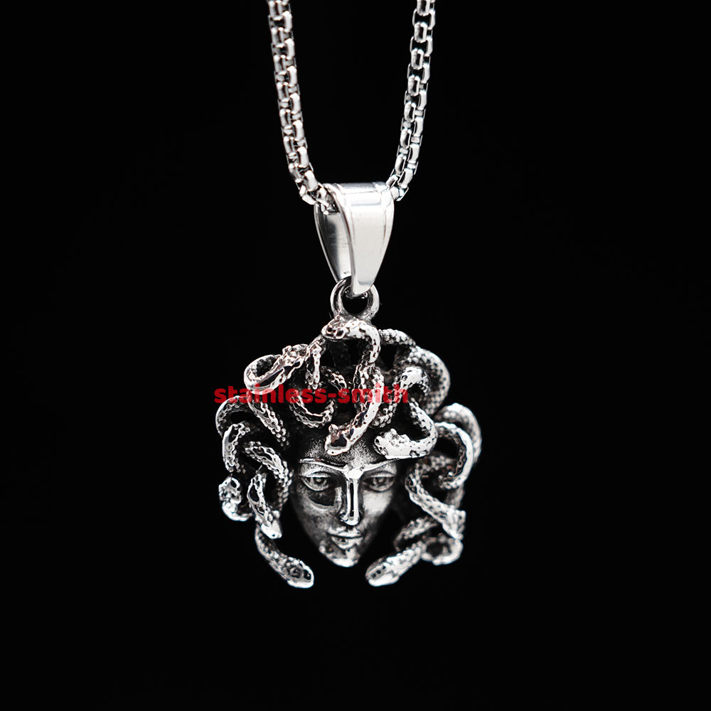 Cool Mens Womens Stainless Steel Greek Snake Medusa Head Pendant Necklace Men