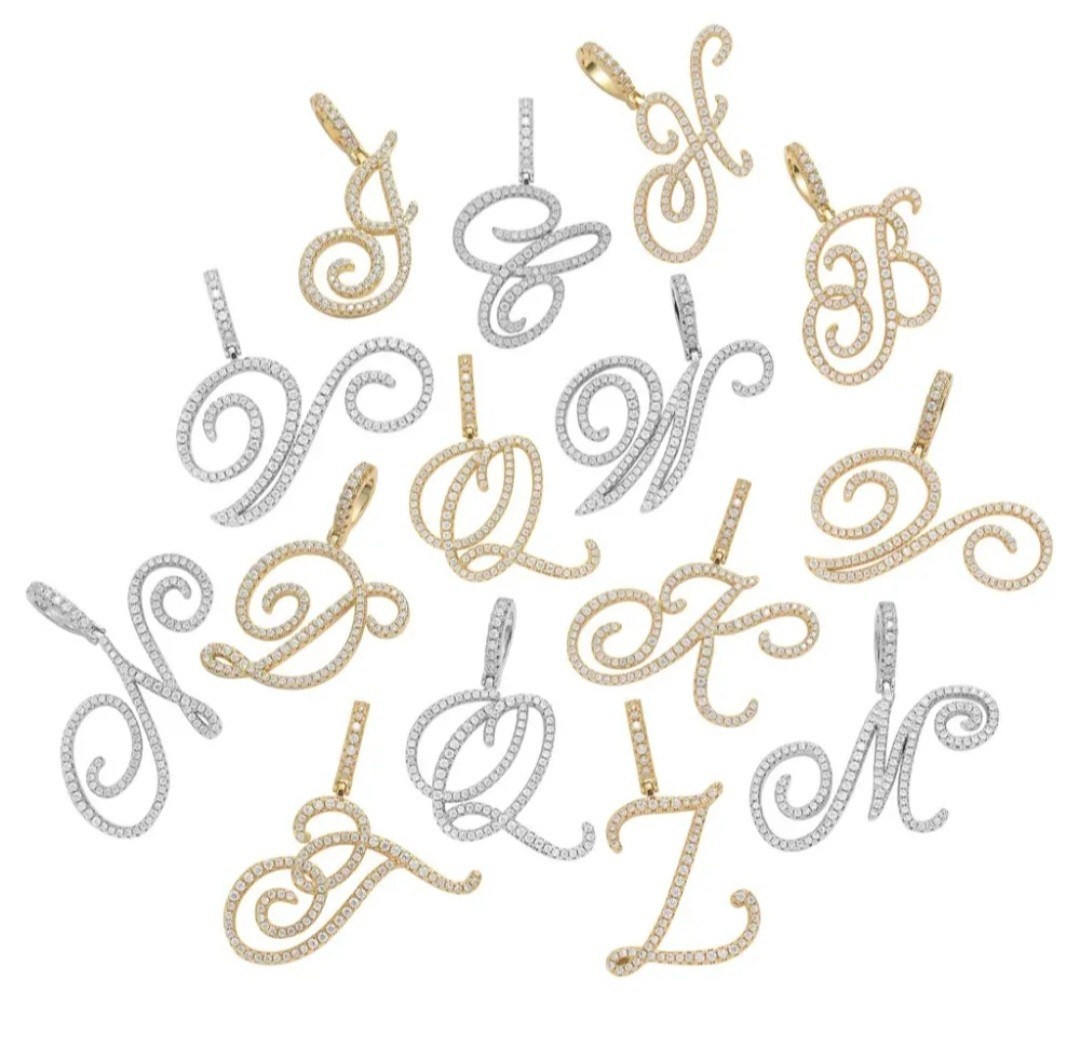 Rhinestone Script Initial Pendants GOLDTONE Sizes in Description (S12)