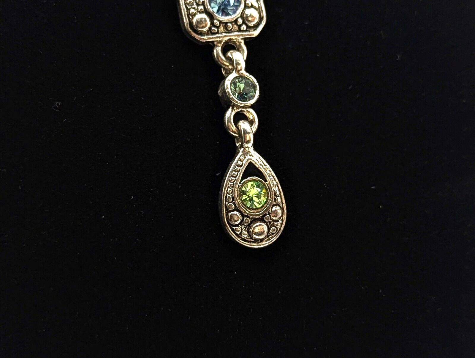 Vtg Trifari Blue Green Rhinestones Art Deco Silver Tone Y Drop Lariat Necklace