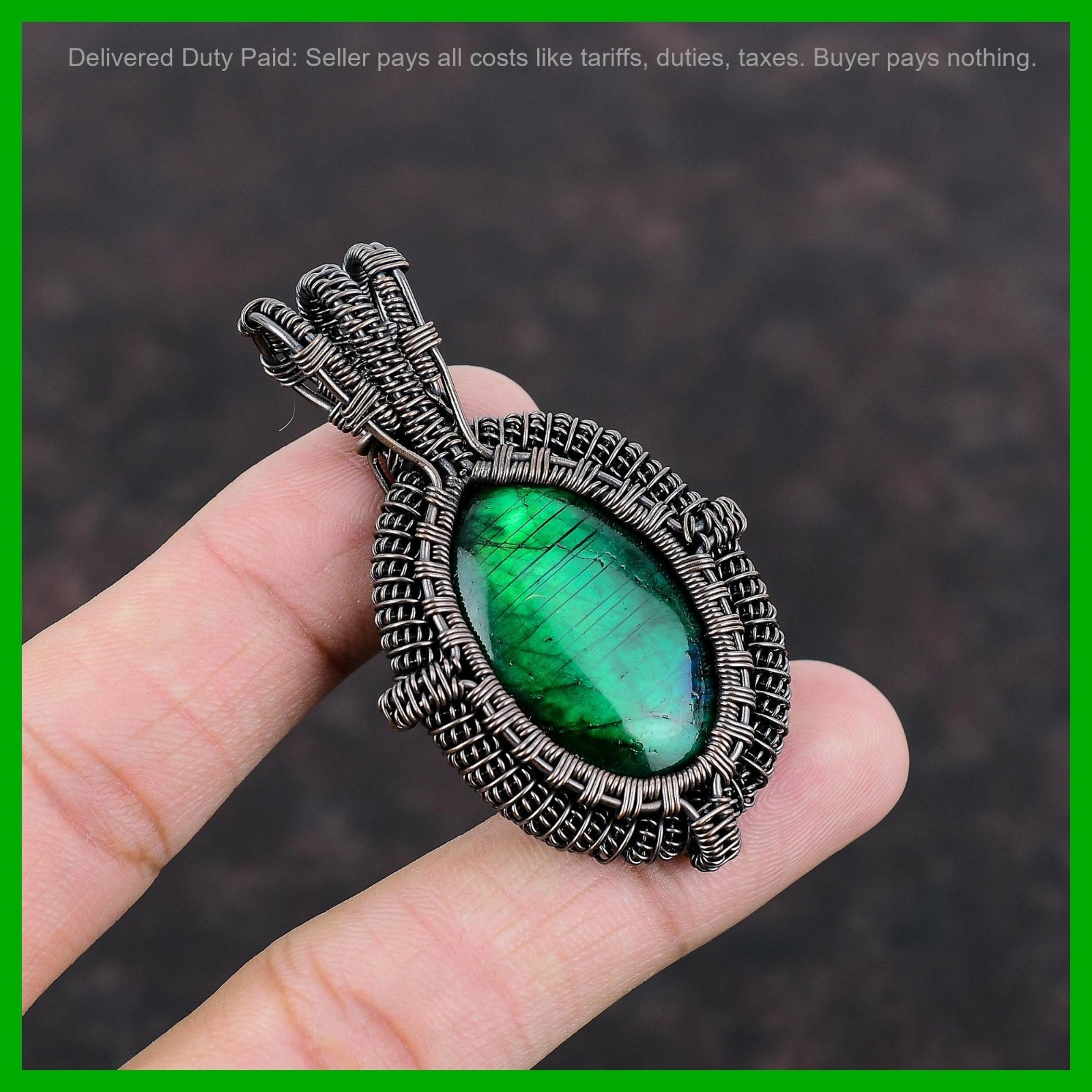 Valentines Sale Copper Natural Green Fire Labradorite Wife Wire Wrapped Pendant