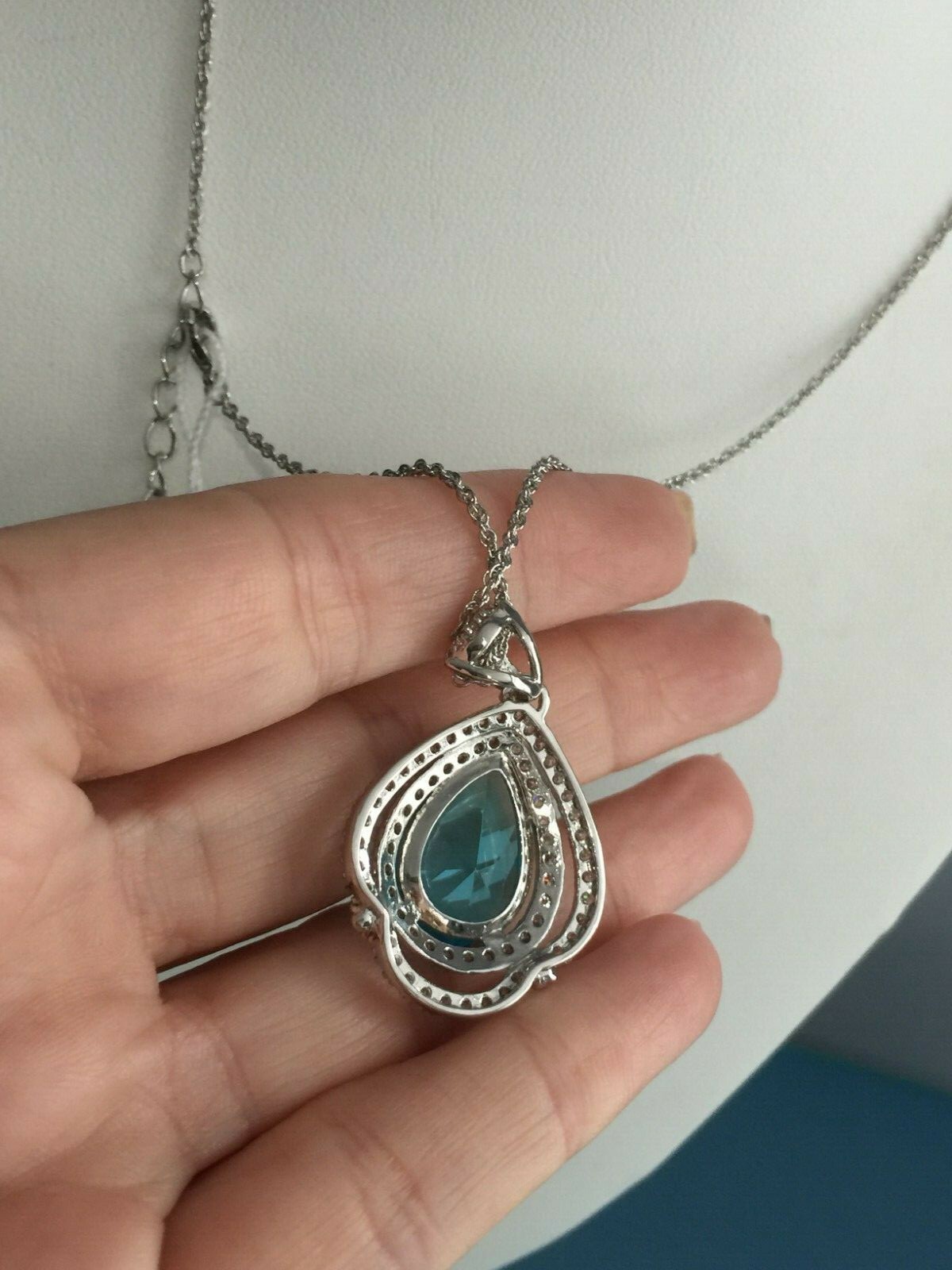 Stunning Blue Crystal & Clear CZ Statement Pendant Silvertone Brass 18 + 2 Inch