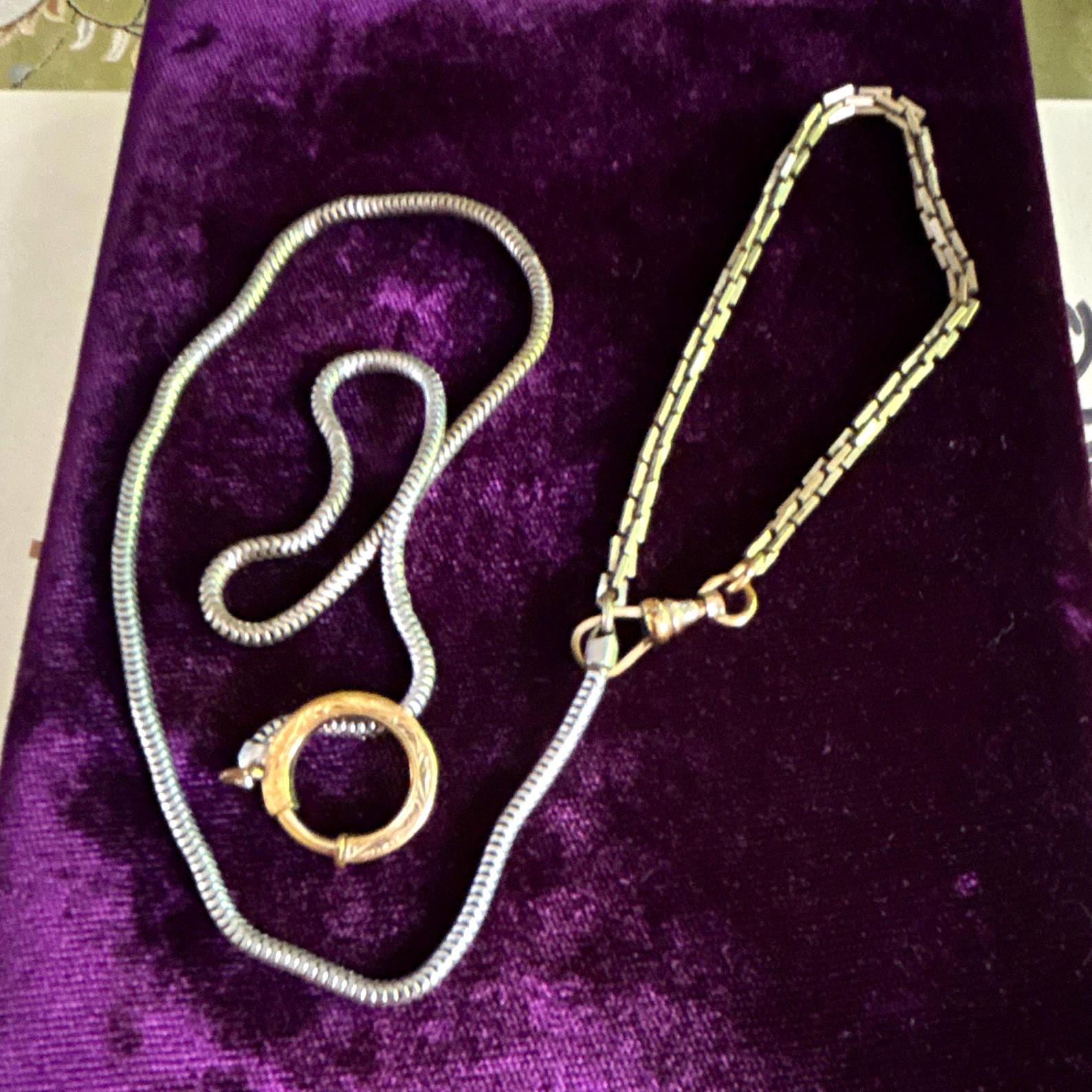 Silver Tone Chain Lobster Clasp Gold Tone Circle pocket watch chain 1890-1920