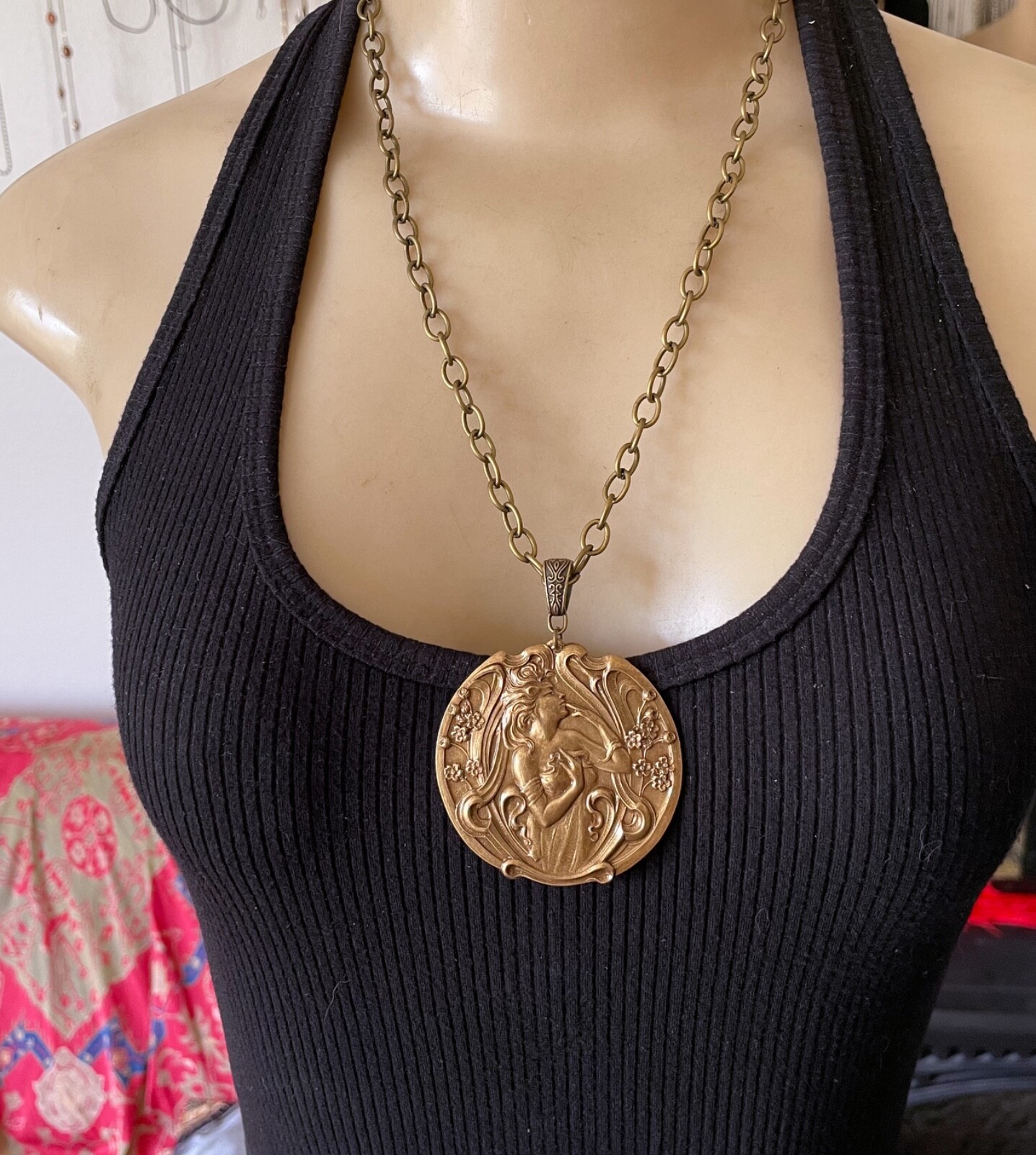 Freya Necklace Art Nouveau Goddess Huge Brass Pendant Art Nouveau Jewelry