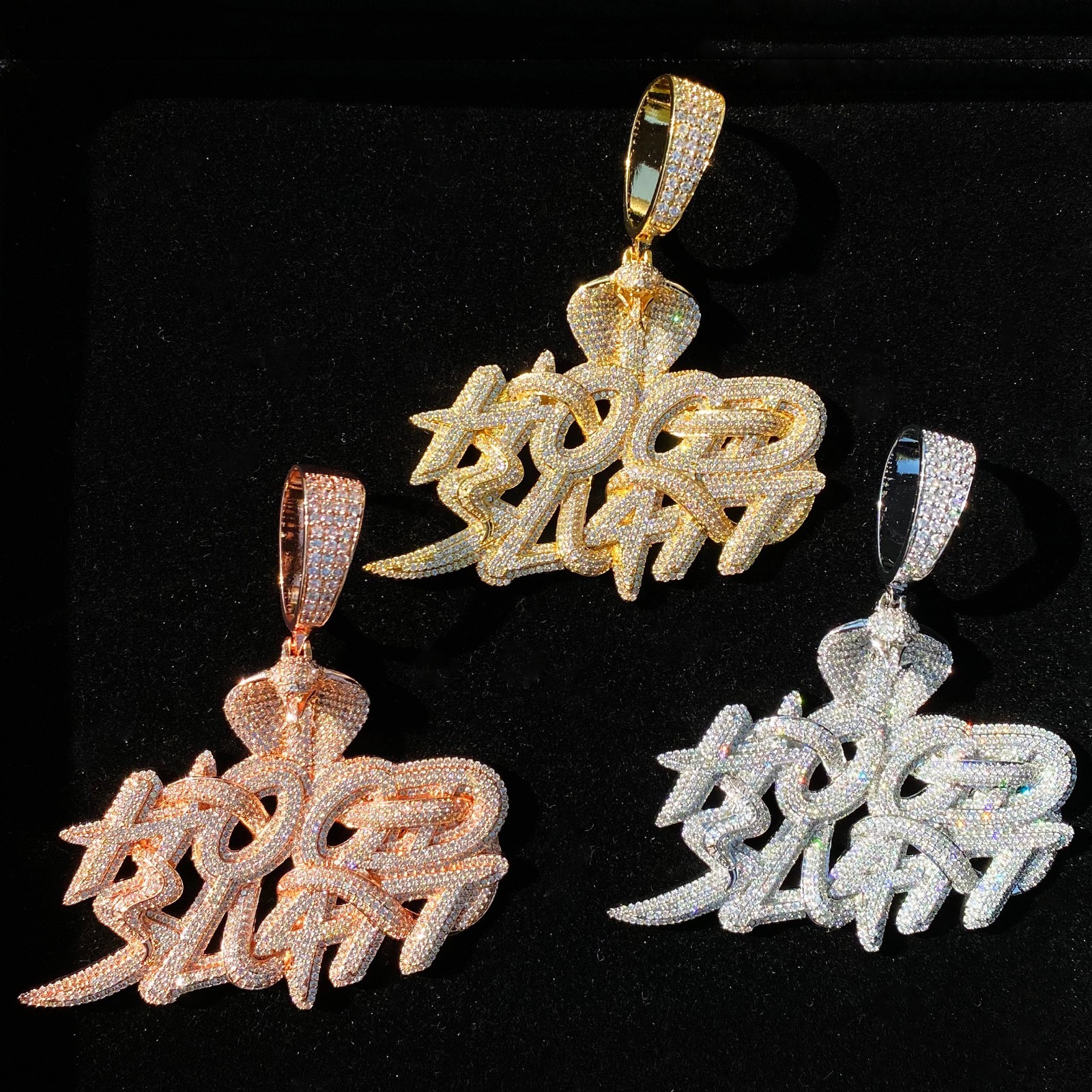 Hip Hop Iced CZ Bling Snake Hood Hustle Pendant Necklace Men Rapper Jewelry