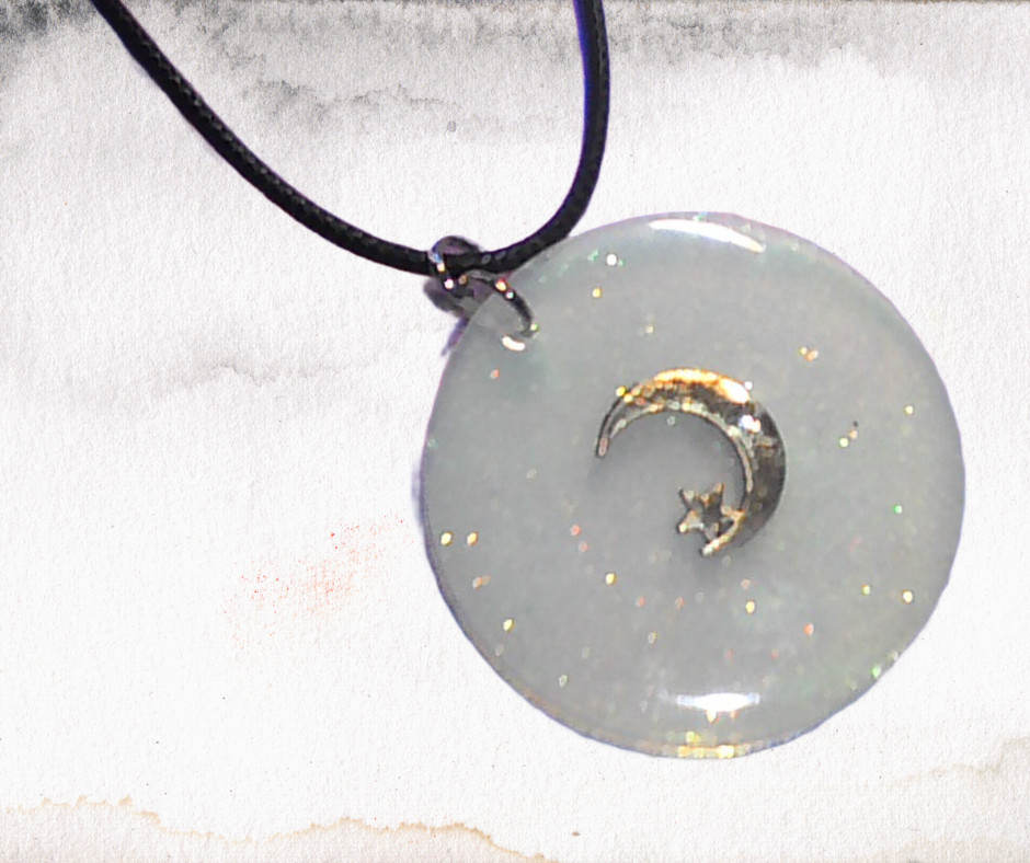 Handmade Moon Star Resin Pendant Necklace White Celestial Black Cord 18″