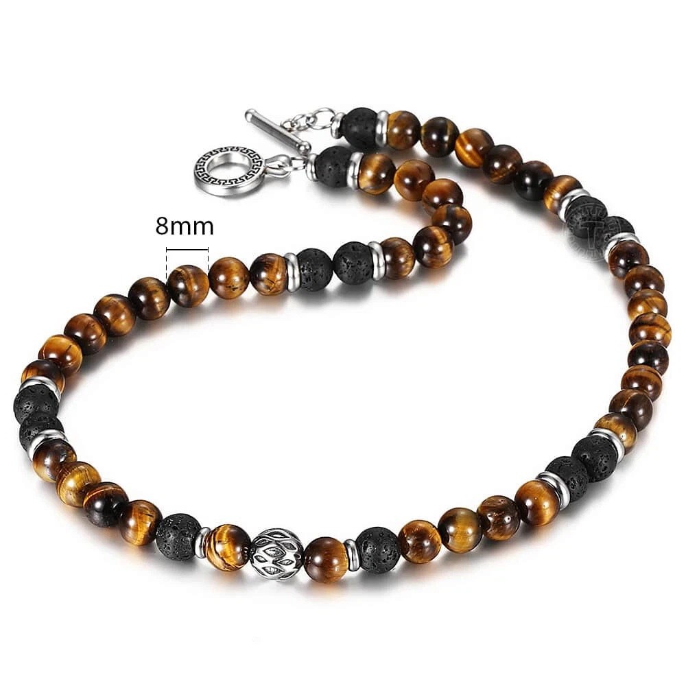 24″ Men’s 8mm Natural Tiger Eye Lava Bead Necklace Stainless Steel Toggle Gift