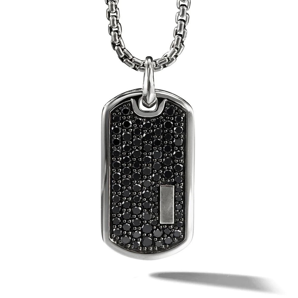 Black Rhinestone Dog Tag Pendant Necklace with Box 18K Gold Filled FREE SHIPPING
