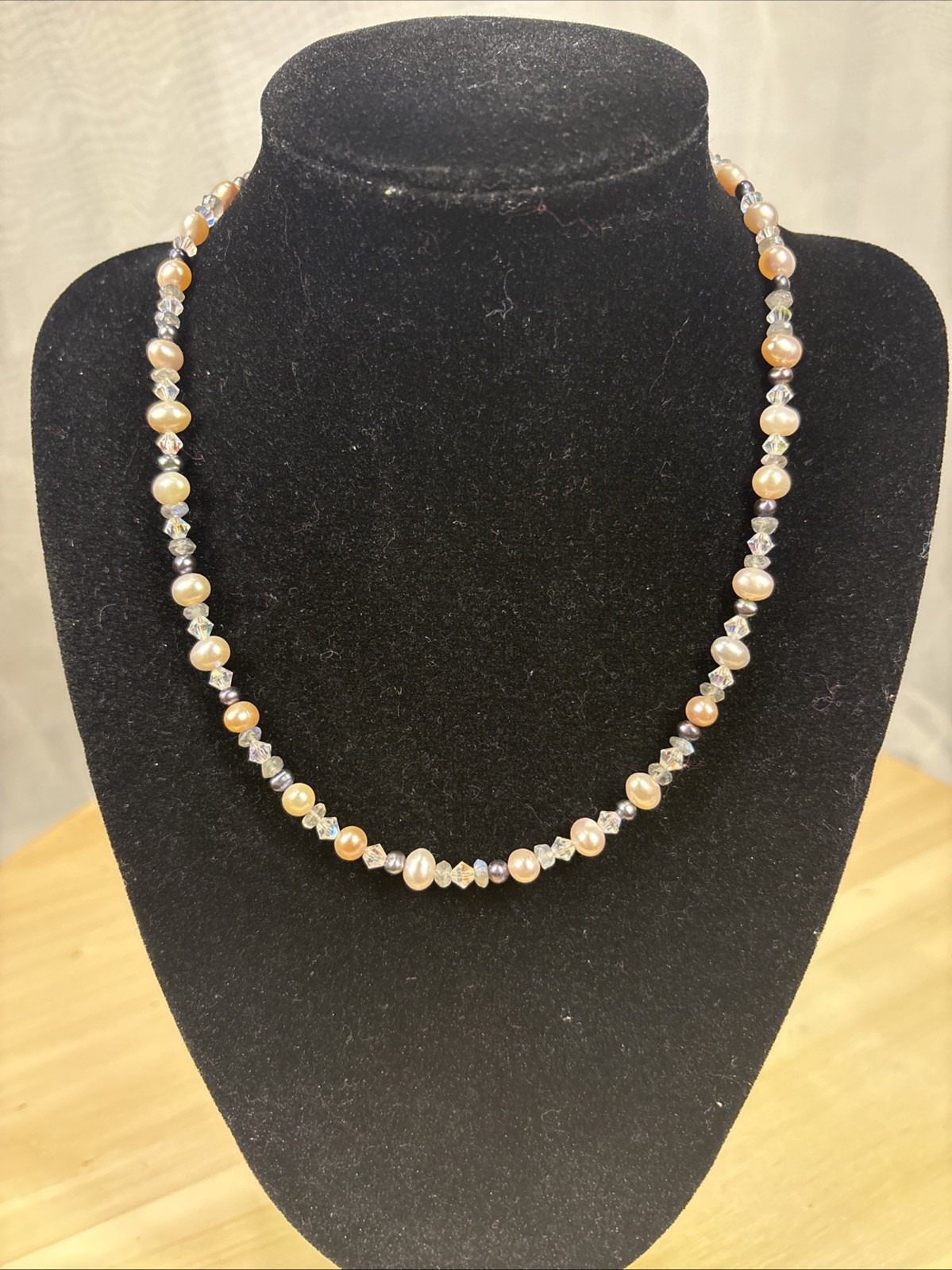 Fresh Water Pearls, Crystal Beads Necklace Heart Shaped Toggle 925 16 1/2” Long