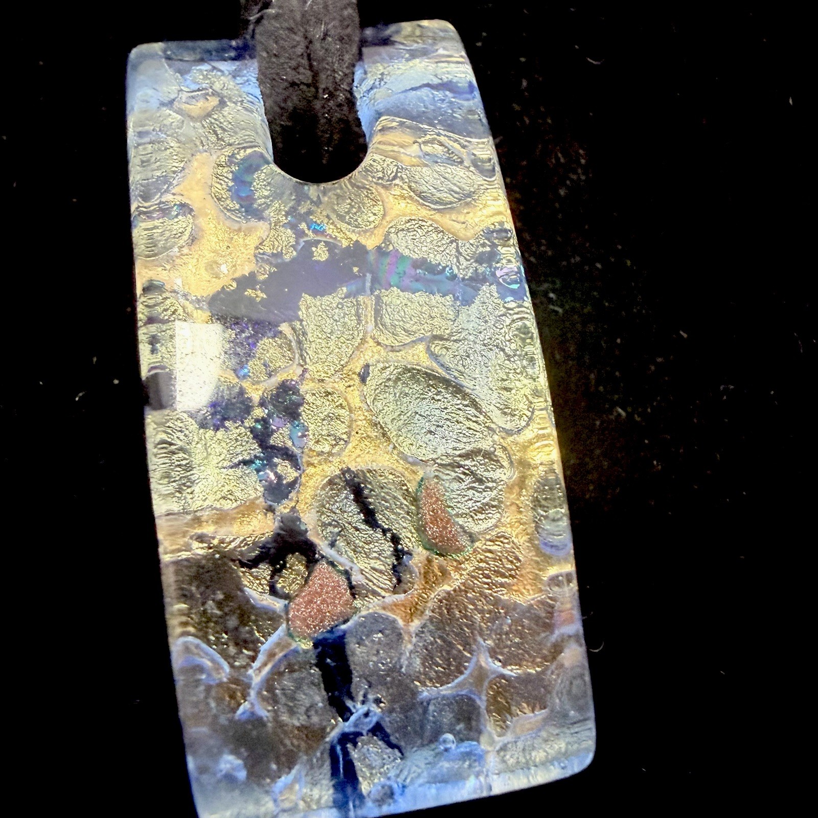 Murano Glass Signed Blue Gold Rectangle Charm Pendant Cord Necklace Italy