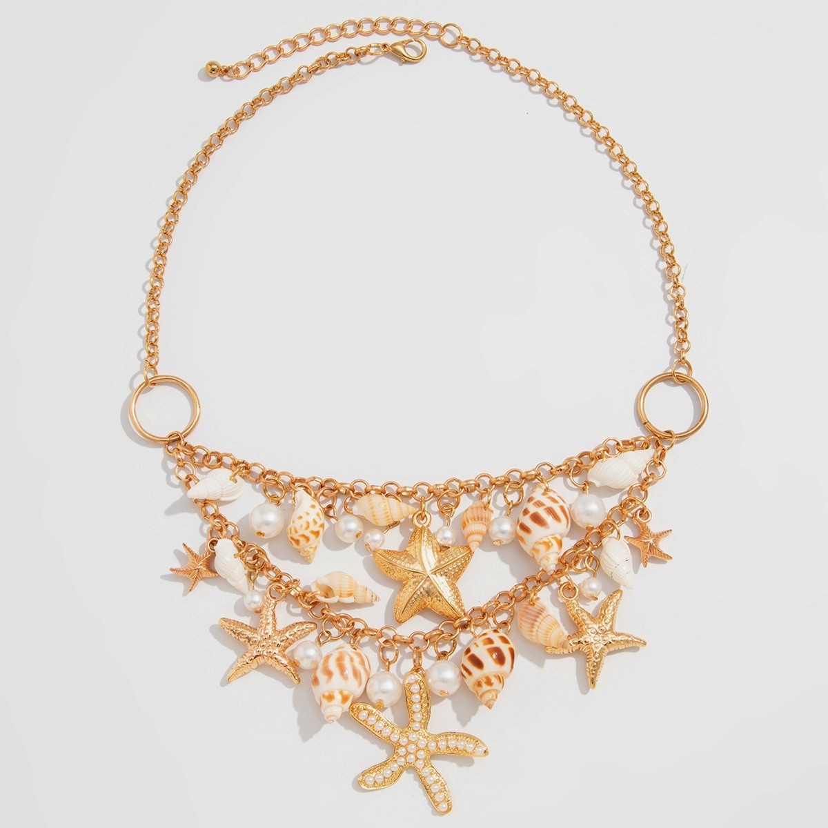 Boho Multi-color Starfish Conch Cluster Golden Layered Choker Necklace