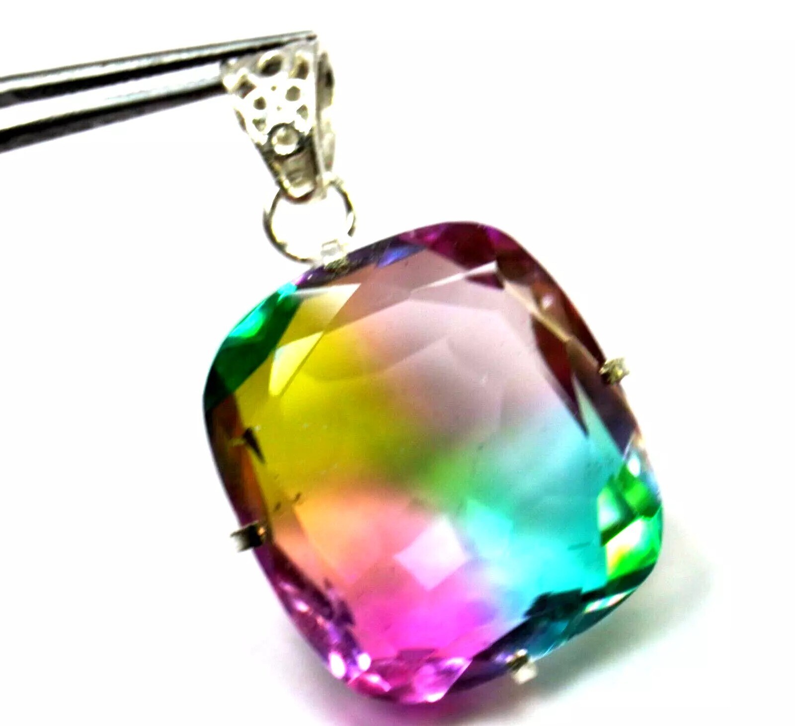Quad Color Natural Tourmaline 95.46 Ct Cushion Cut 925 Solid Silver Pendant Gem