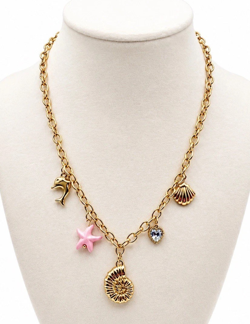 18K Gold Plated Starfish Seashell Heart Necklace Stainless Steel Coastal Lux NEW