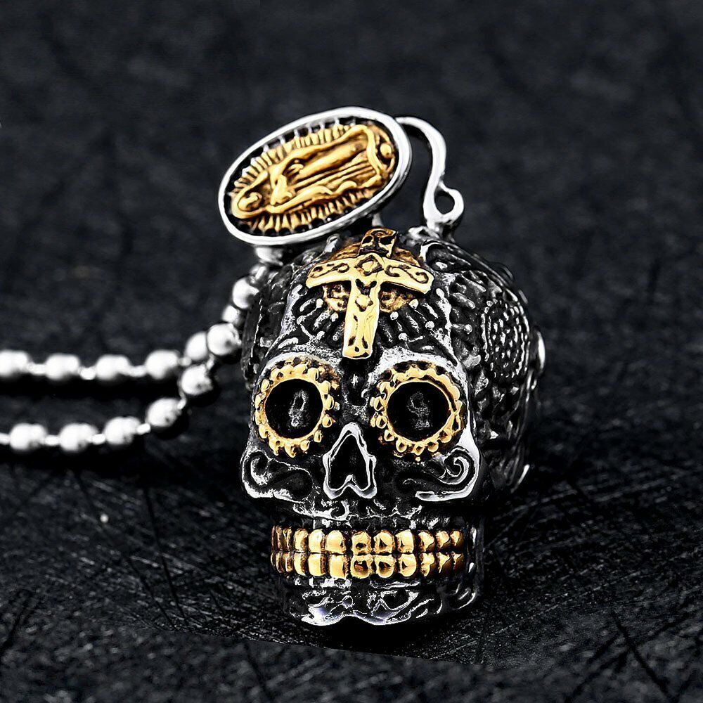 MENDEL Mens Gothic Gold Plated Tone Biker Skull Pendant Necklace Stainless Steel