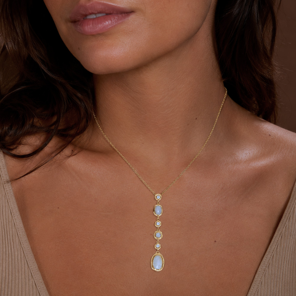 16″ + 2″ 14 Karat Gold Plated CZ and Rainbow Moonstone Drop Necklace