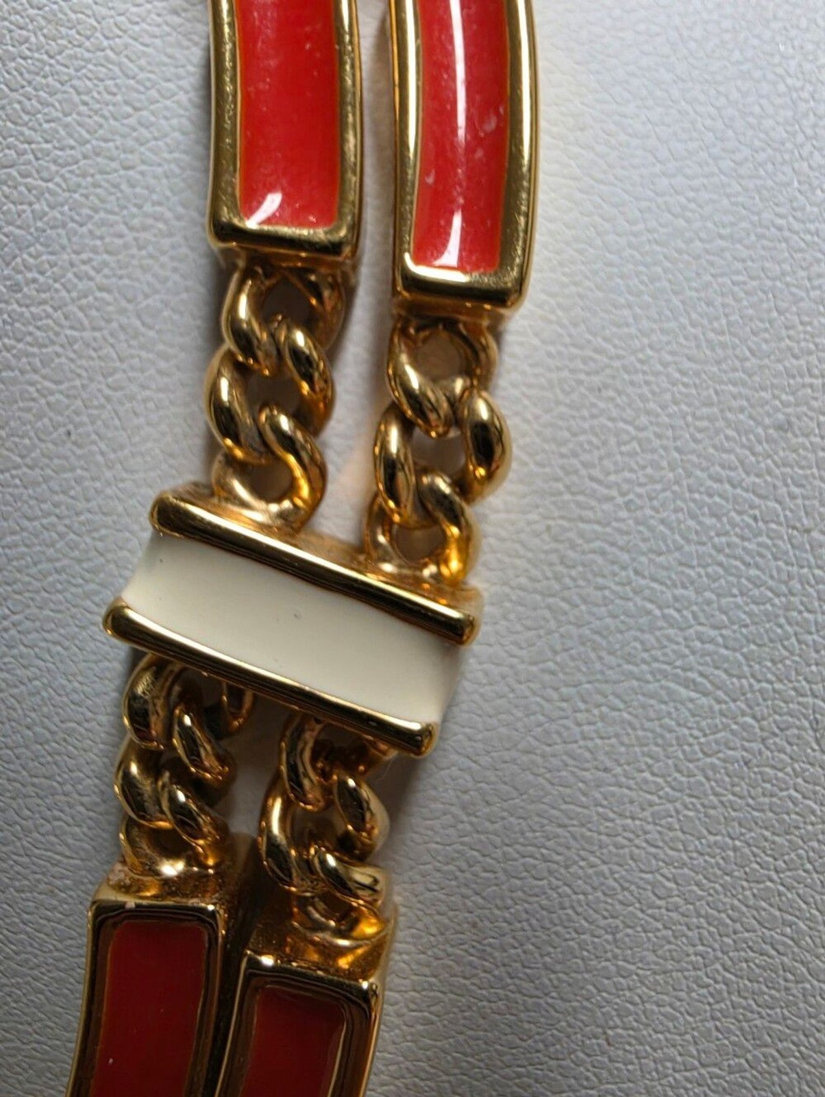 Vintage St. John Curb Dbl Chain 22kgp Coral/orange and White Enamel Choker
