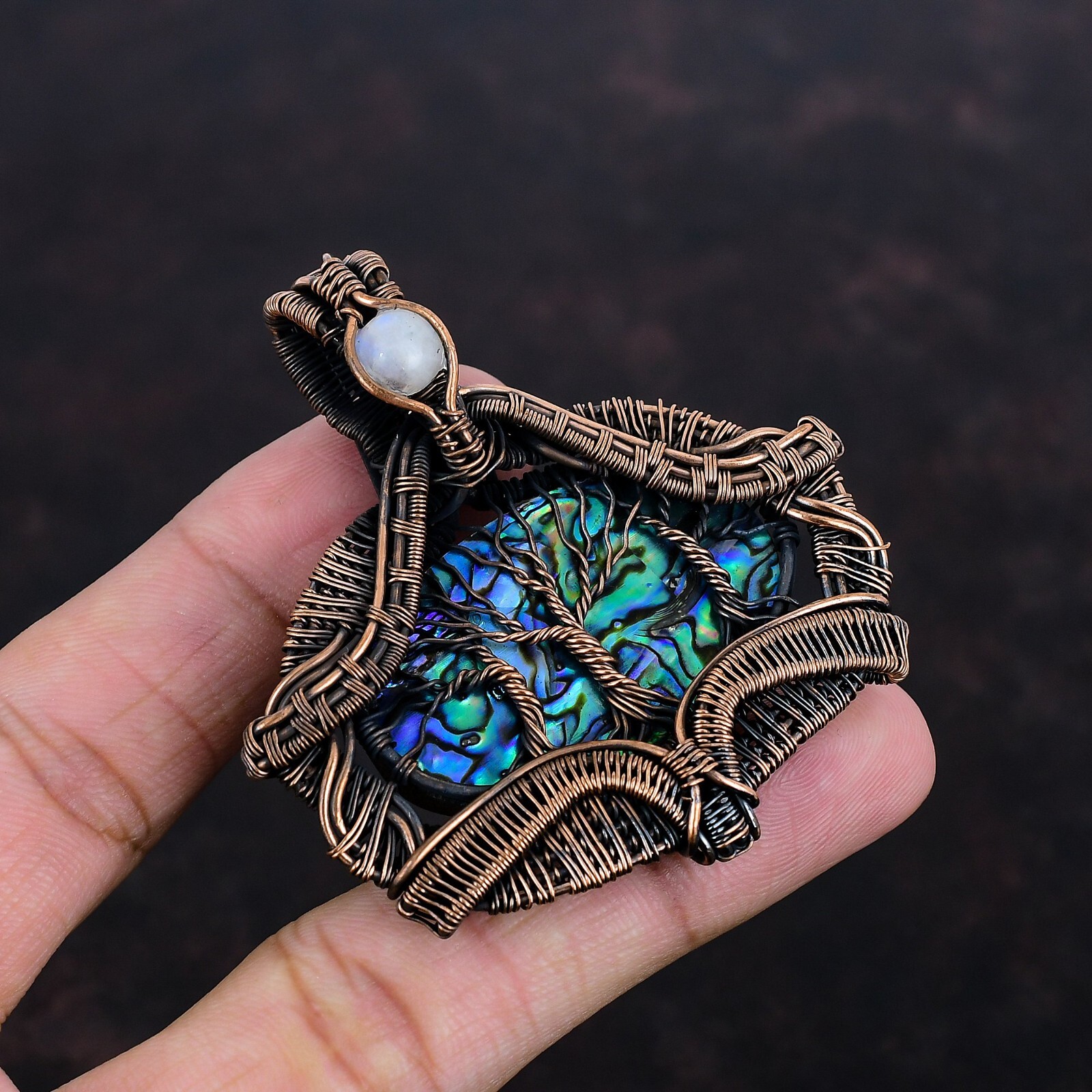 Gift For Her Abalone Shell Wire Wrapped Tree Of Life Pendant Copper 2.44″