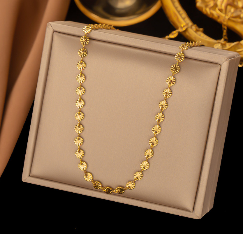Women 14K Gold Stainless Steel Flower Disc Decor Chain Necklace Choker Gift AG