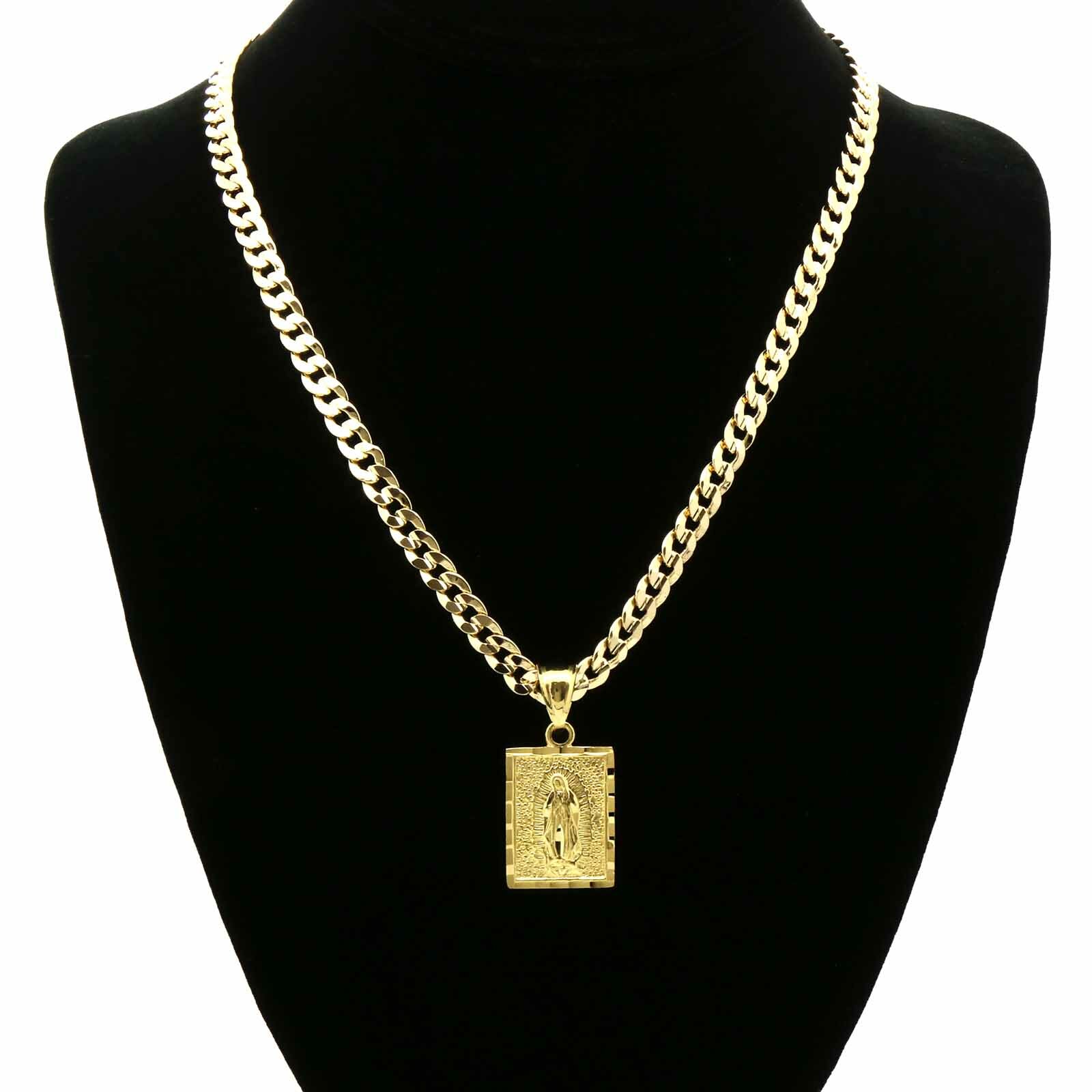 Mens 18k Gold Plated Brass Guadalupe Pendant 6mm 30″ Cuban Chain
