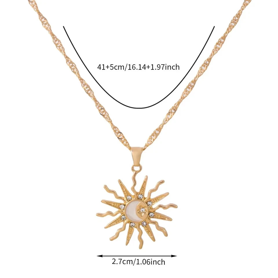 Sun Moon Star Rhinestone Pendant Necklace Retro Women Party Jewelry Gift Charm