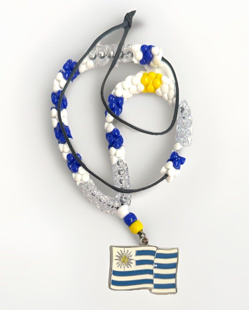 URUGUAY FLAG COLOR BEADED Necklace Pendant With 14” Beaded In Leather String