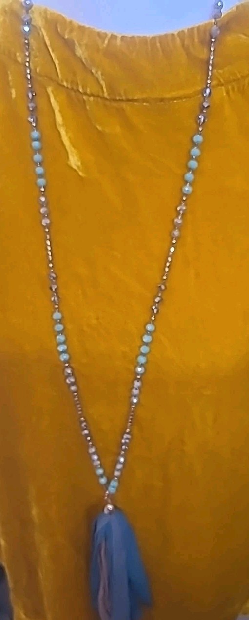 Versona Aqua/brown/taupe Beads W Fringe Tassel Aqua And Brown 36″