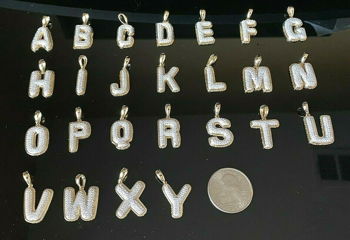 10k Solid Yellow Gold Bubble Initial A to Z Alphabet CZ Pendant Charm