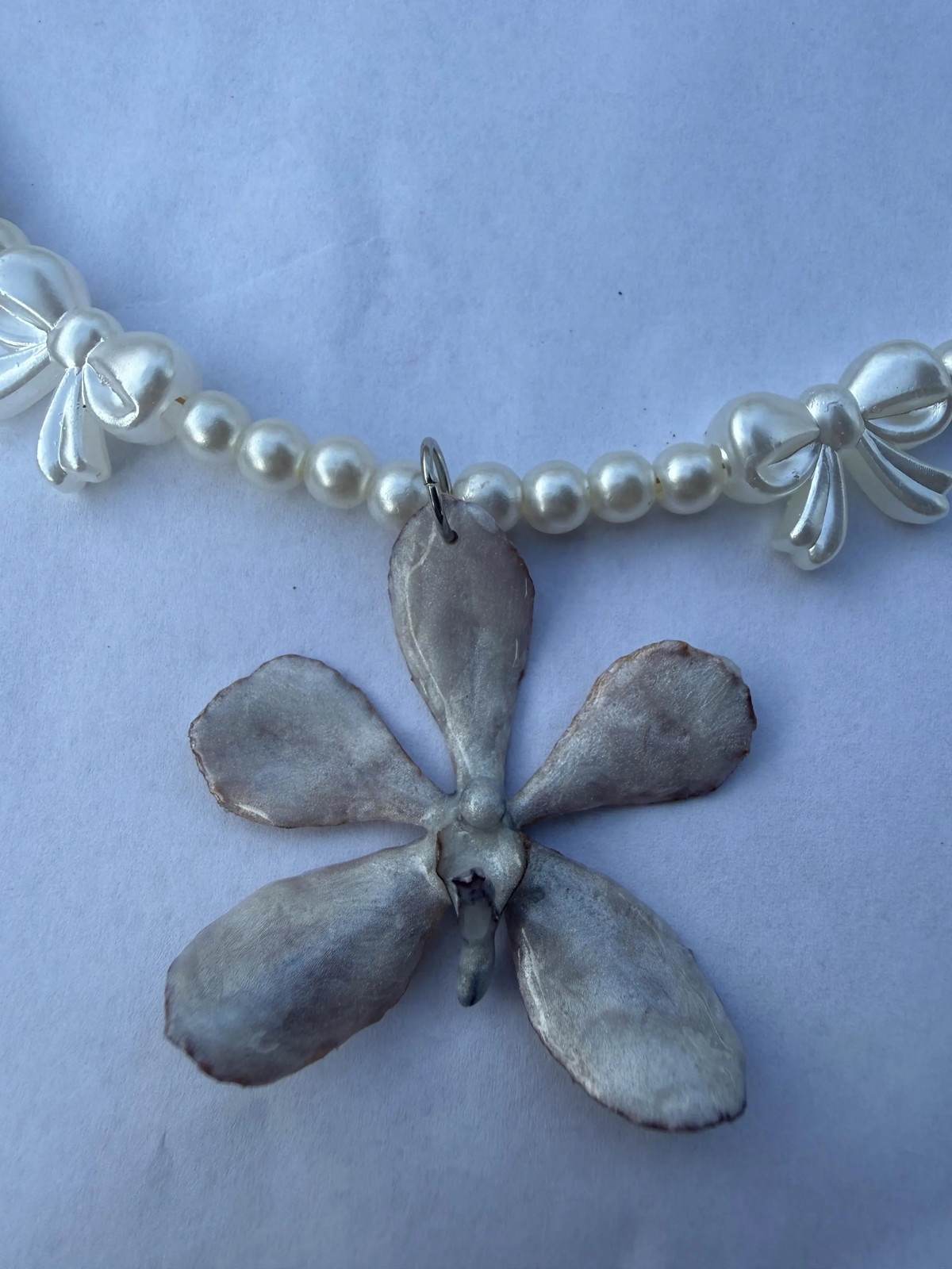 Silver Gray Orchid Pearl Necklace | Real Resin Flower Pendant | Coquette Bow