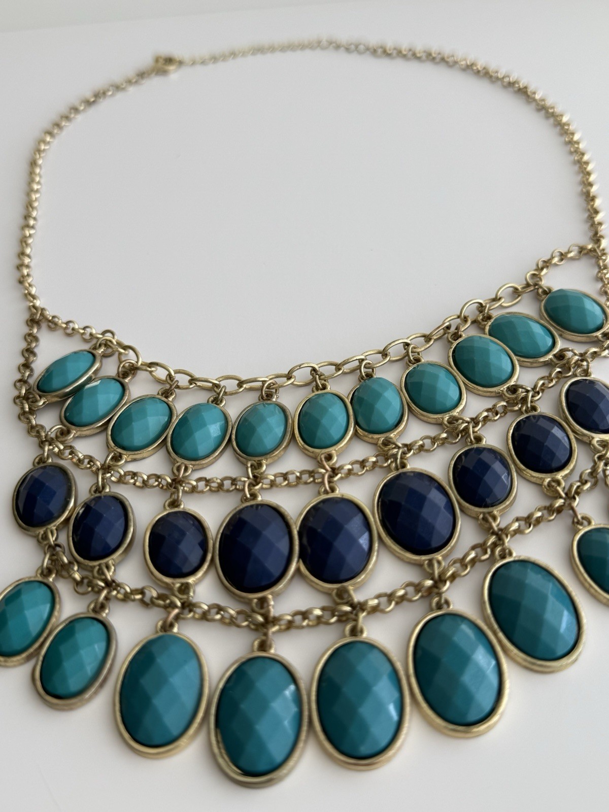 Blue Teal Gold Layered Costume Necklace Good Condition