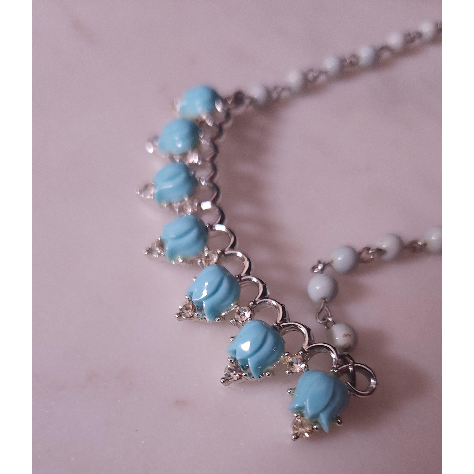 Vintage Turquoise Lucite Tulip Necklace, Rhinestone Floral Statement Jewelry