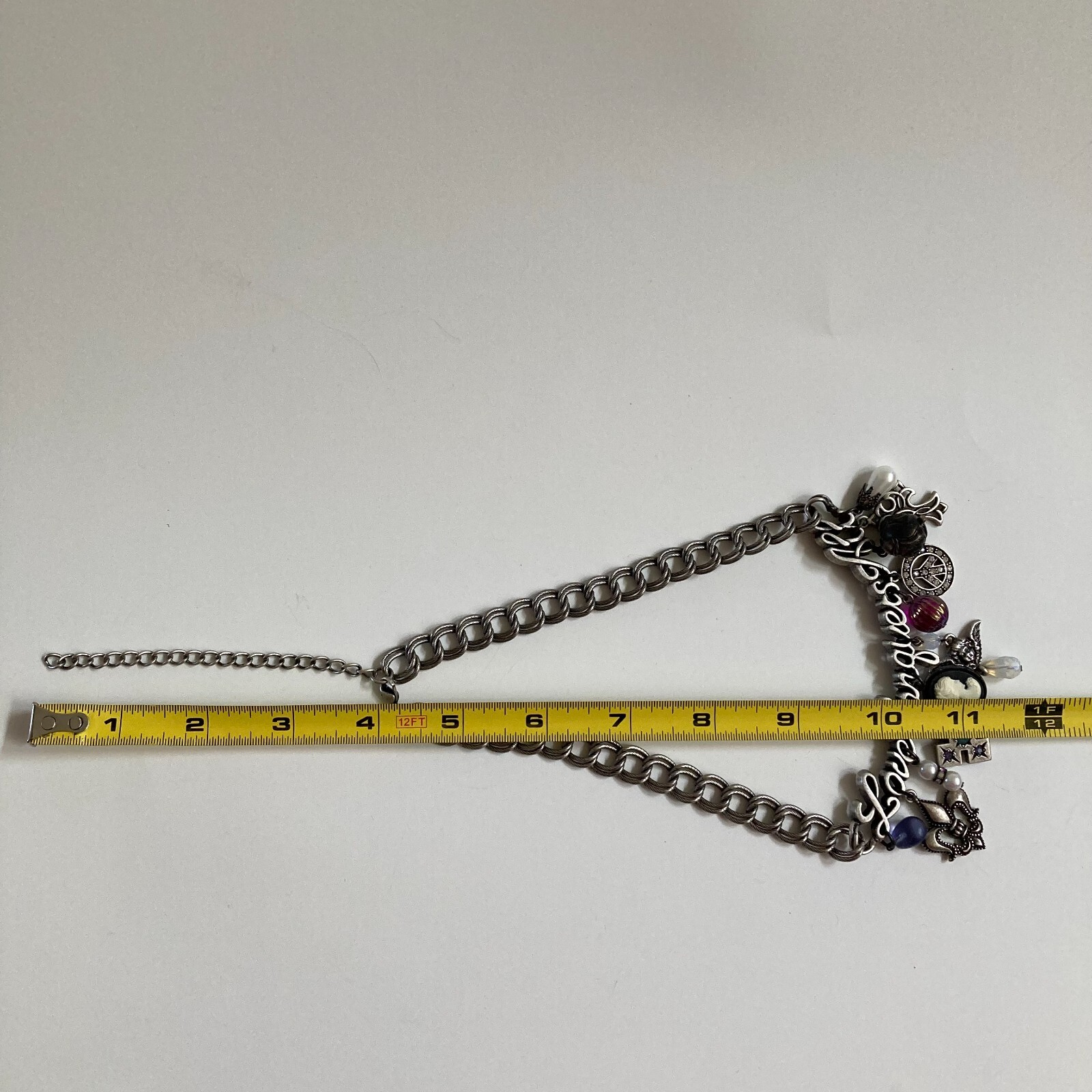 Love Conquers All Beaded Charm Necklace Silvertone 15″ with 3.75″ Extender