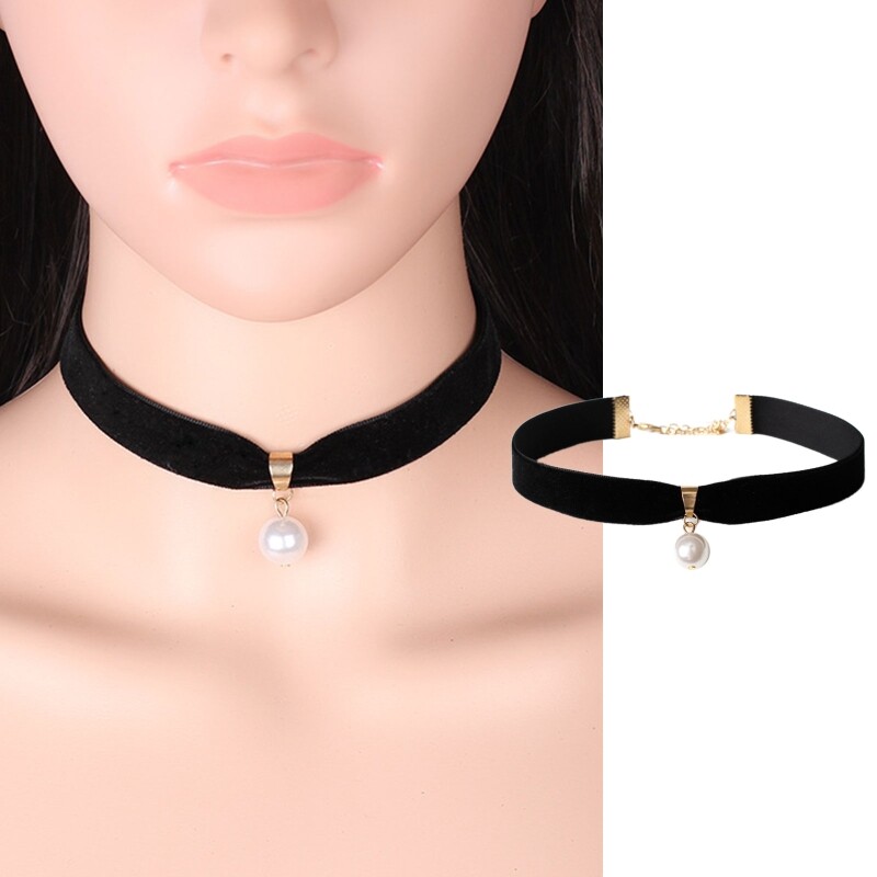 Black Velvet Choker Necklace Pearl Chocker Chokers Gothic Collar for Women Girl