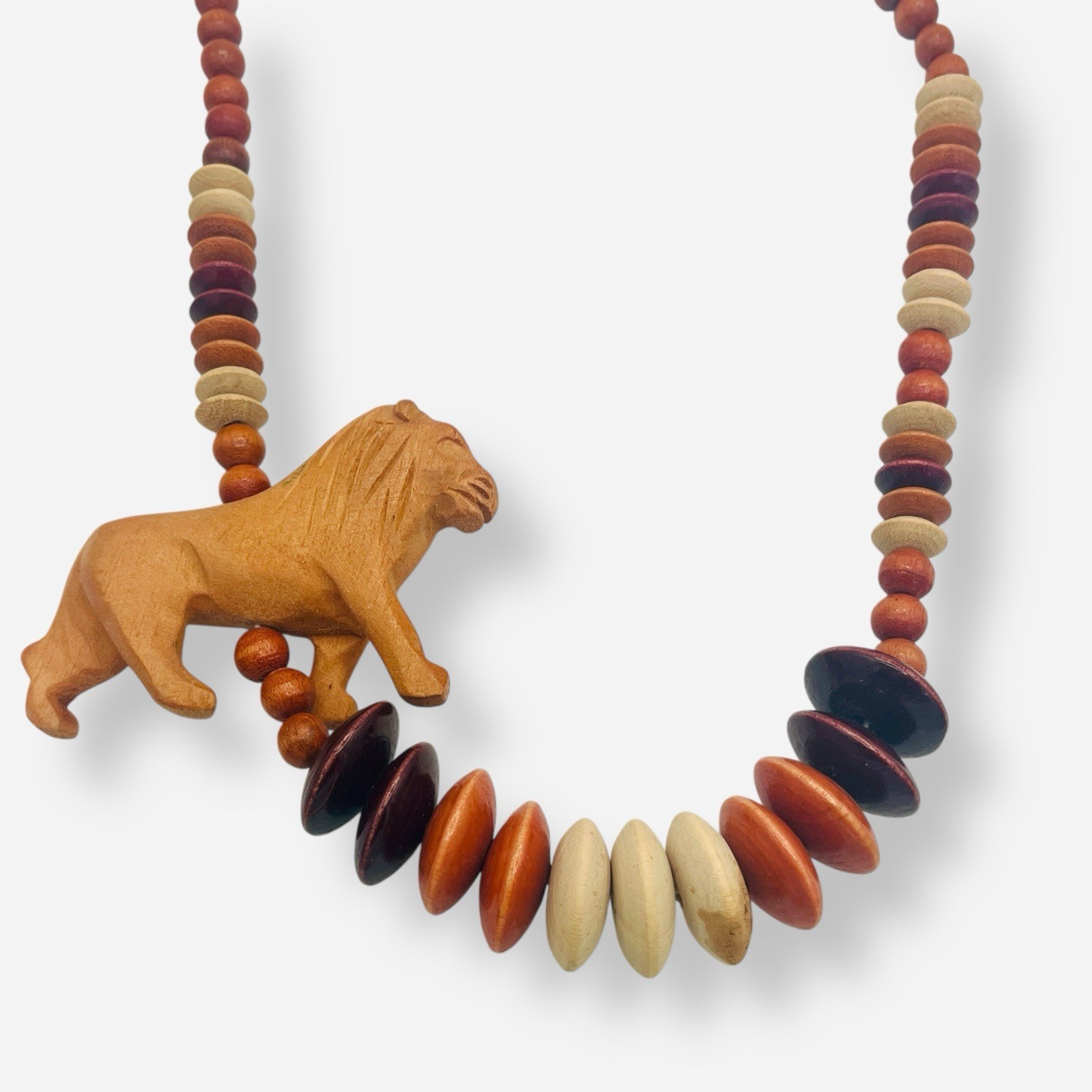 Large Wood Safari Statement Necklace Lion Carved 27” Beaded Graduated