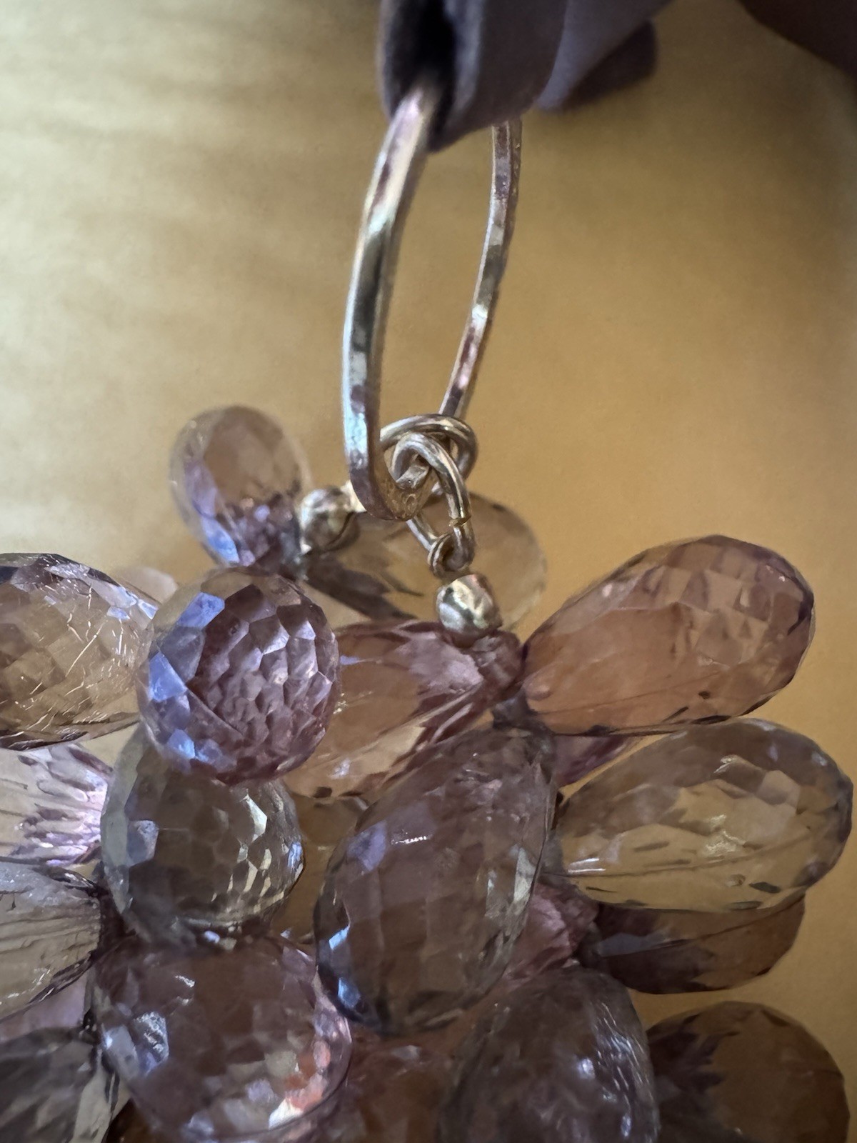 Statement Necklace Cluster Faceted Clear Purple Glass Gray Drop Beads Ribbon Tie