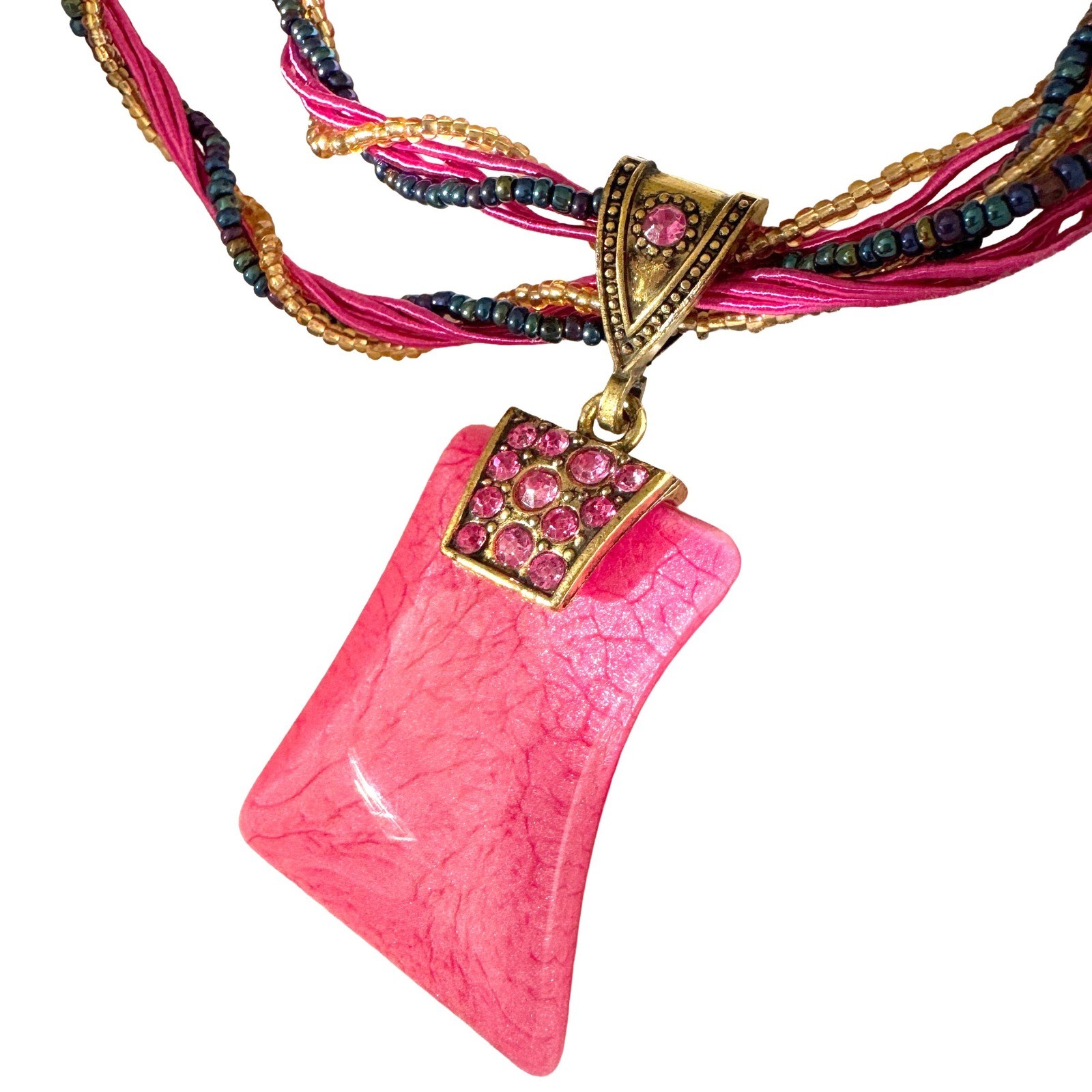 Pink Statement Pendant Necklace Braided Multi Strand Seed Bead Rhinestone Gold