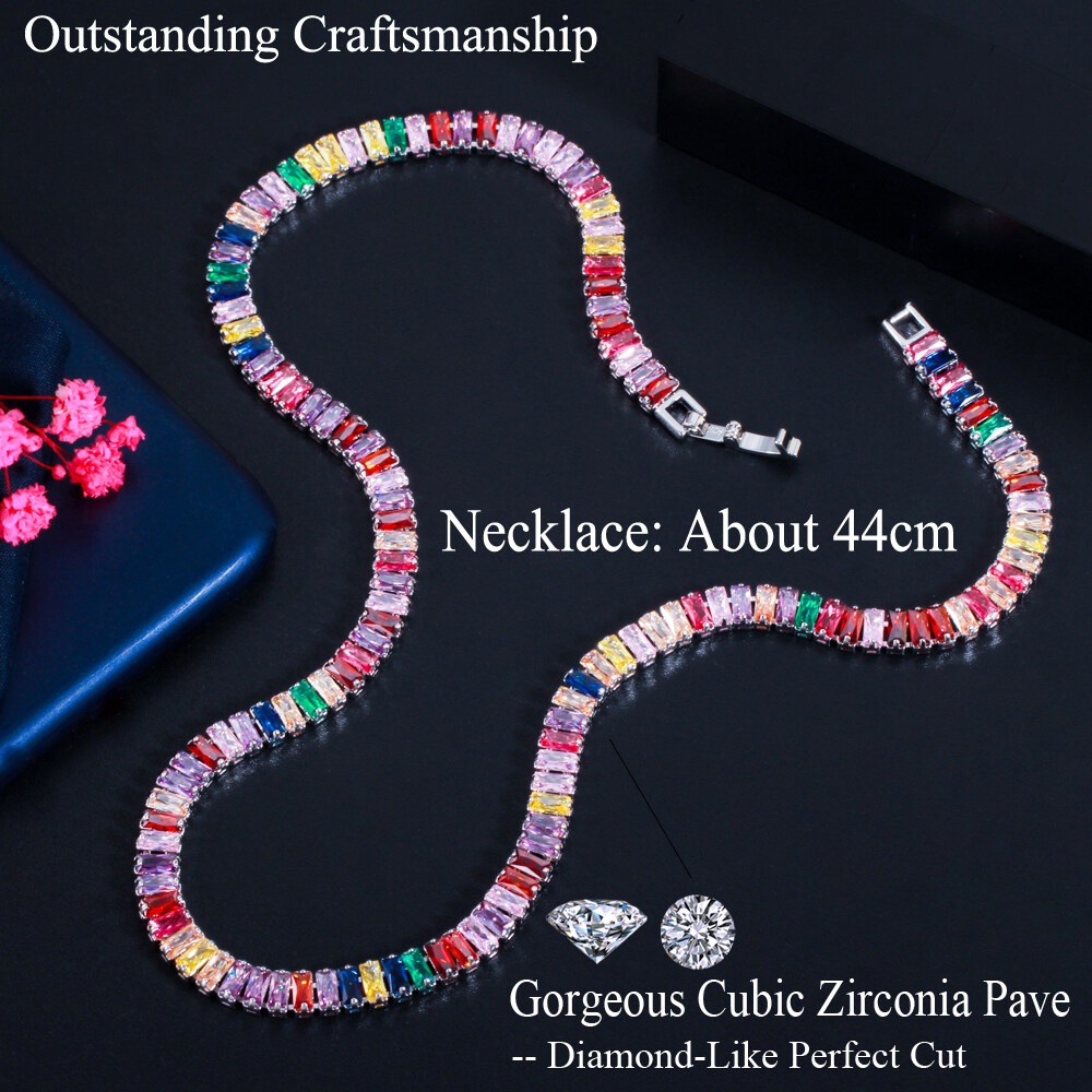 Colorful Rainbow Cubic Zirconia Tennis Necklace Gold Plated Women Bridal Jewelry