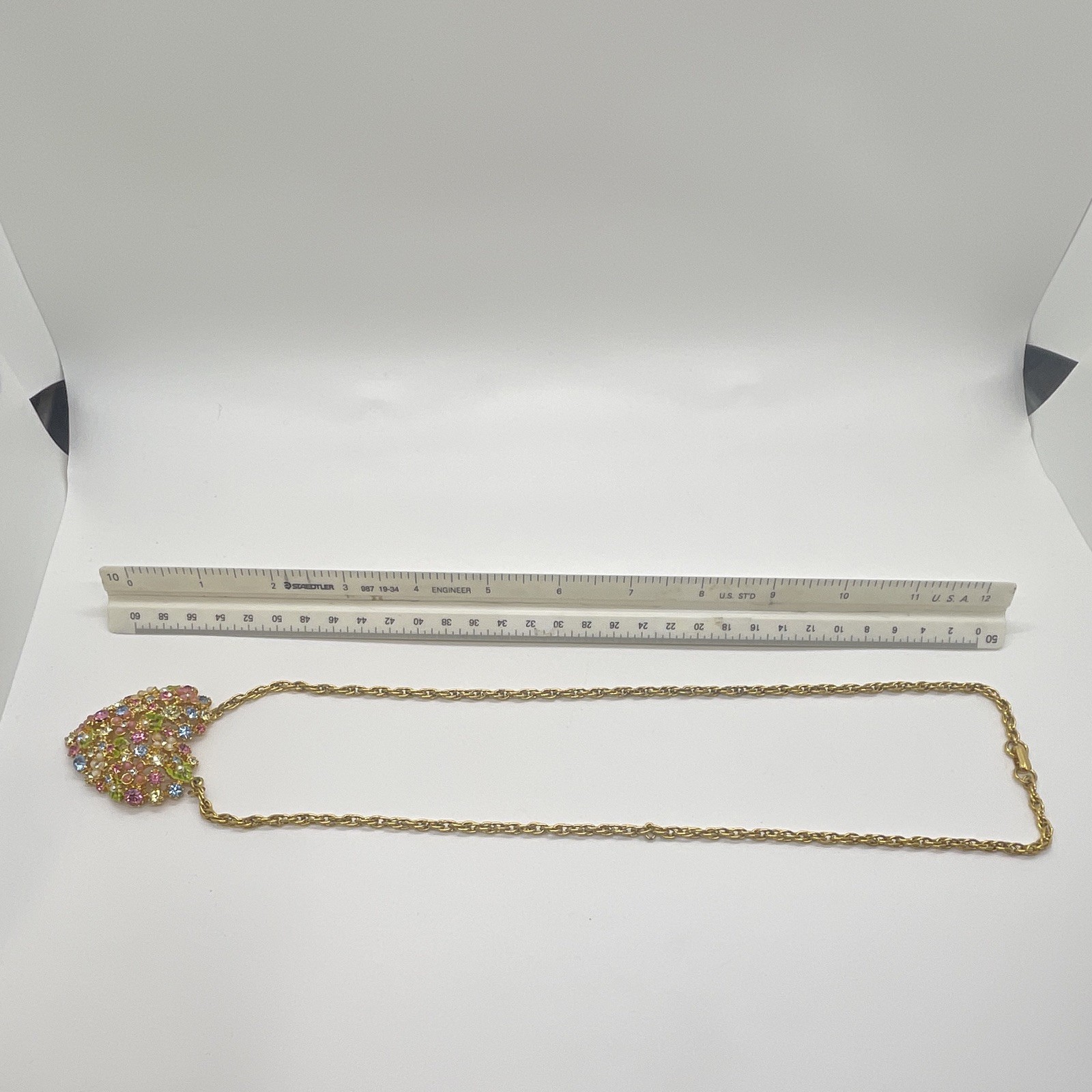 Vintage Arthur Pepper ART Floral Heart Rhinestone Necklace Signed Gold Tone