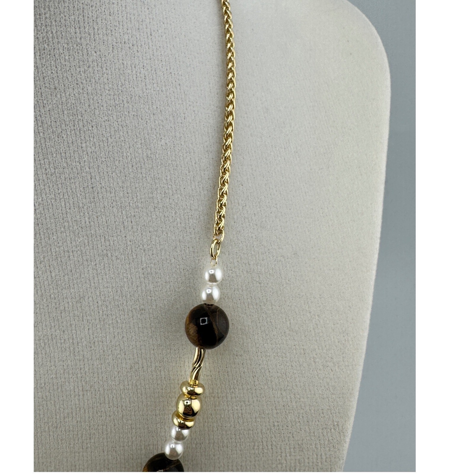 Gold Tone Tiger Eye and Faux Pearl Y-Drop Necklace Brown White Beaded Adjustable