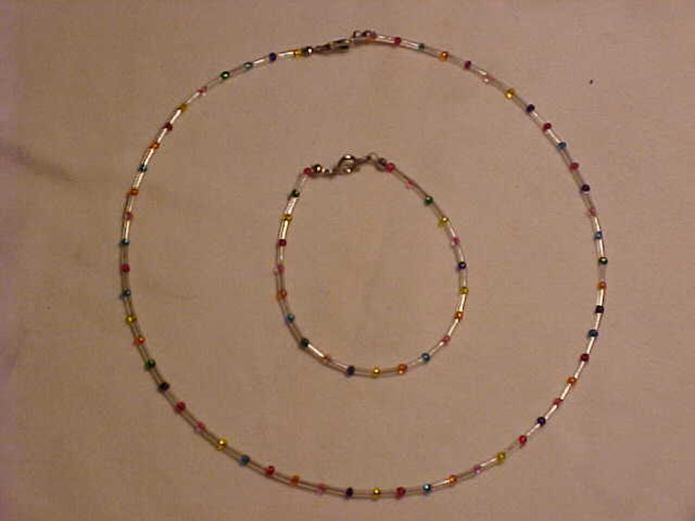 Rainbow Glass Bead Necklace Bracelet Set of 2 Multi-Color Beads Tube Beads 18″